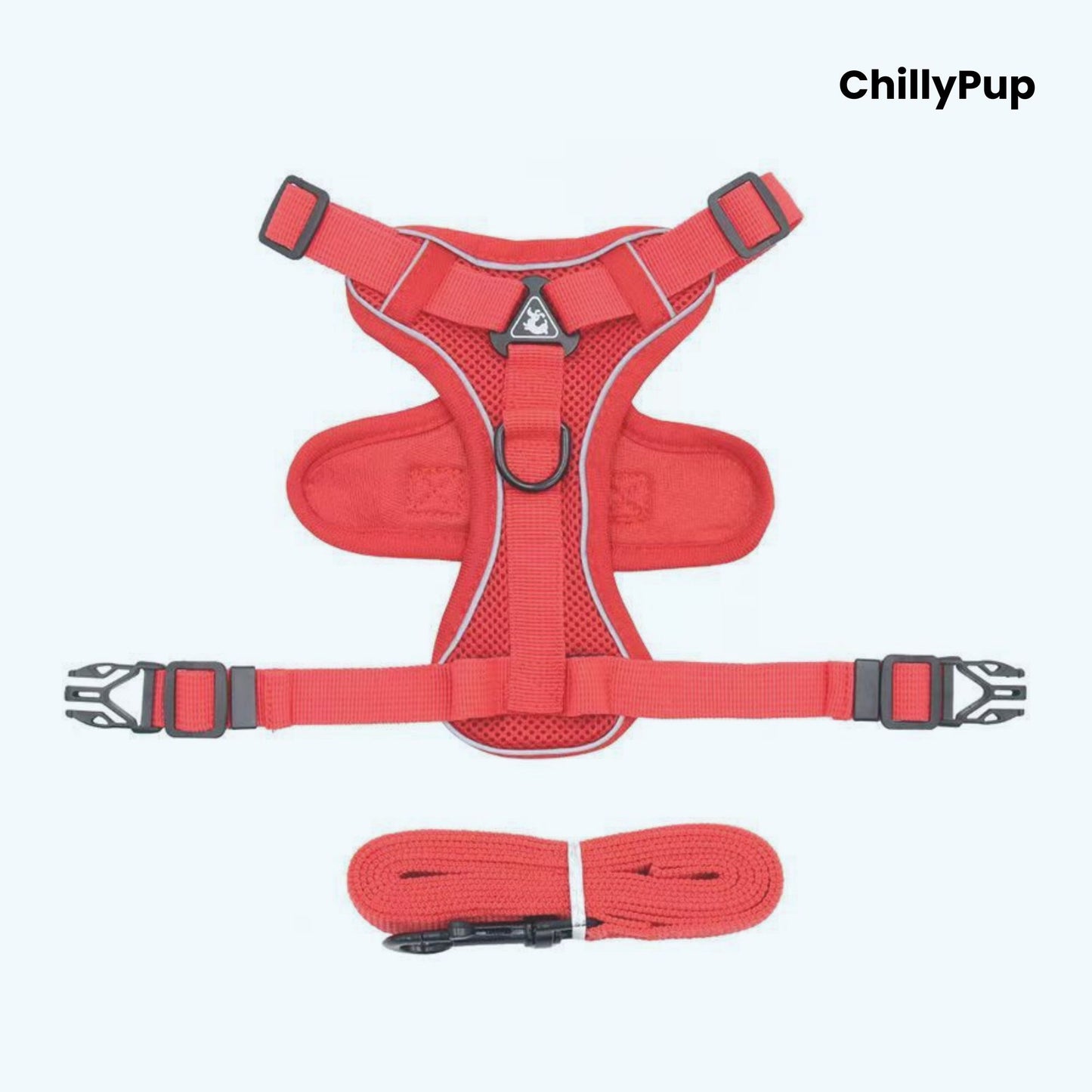 Red dog harness with matching lead on a white background, branded 'ChillyPup'.