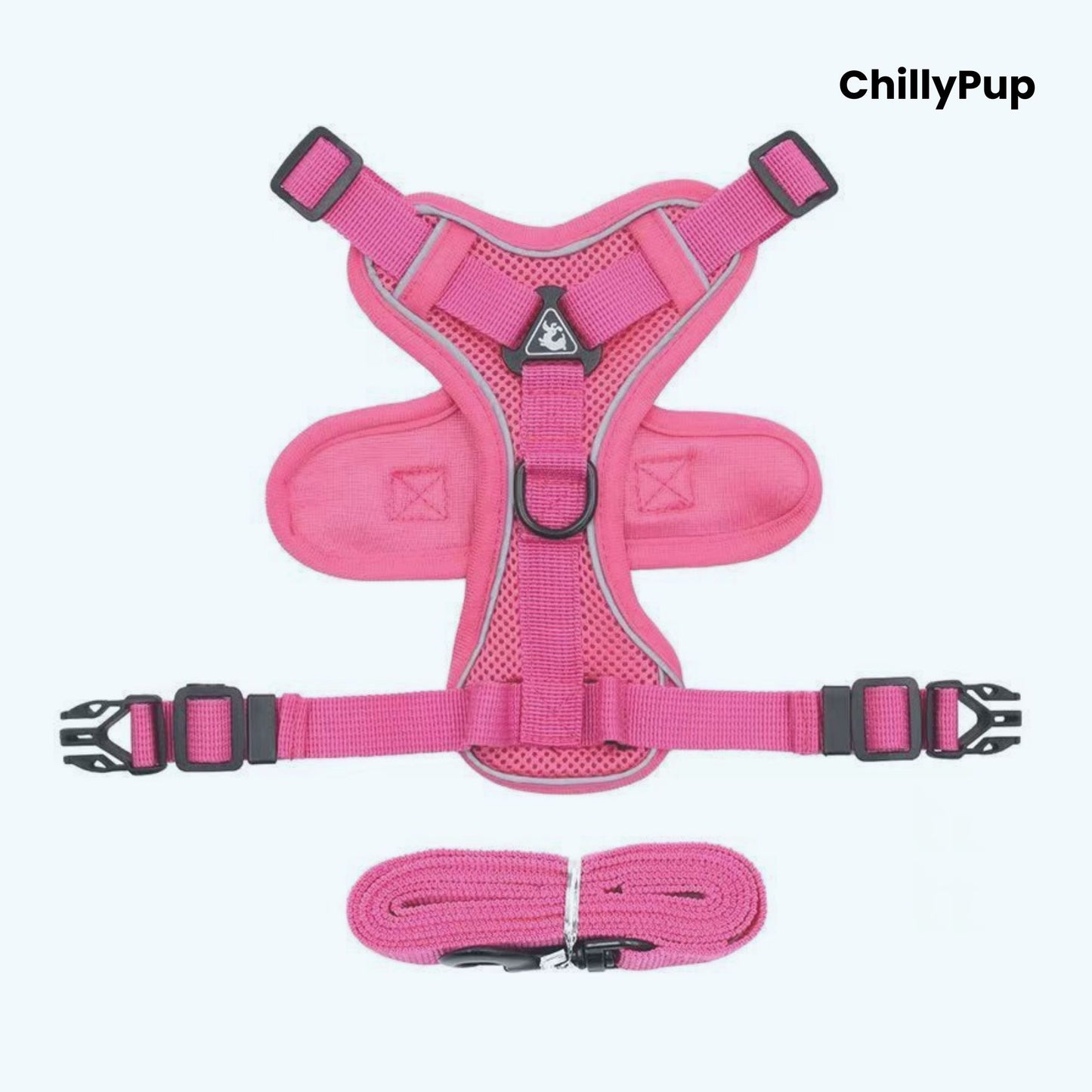 Pink dog harness with matching lead on a white background, branded 'ChillyPup'.