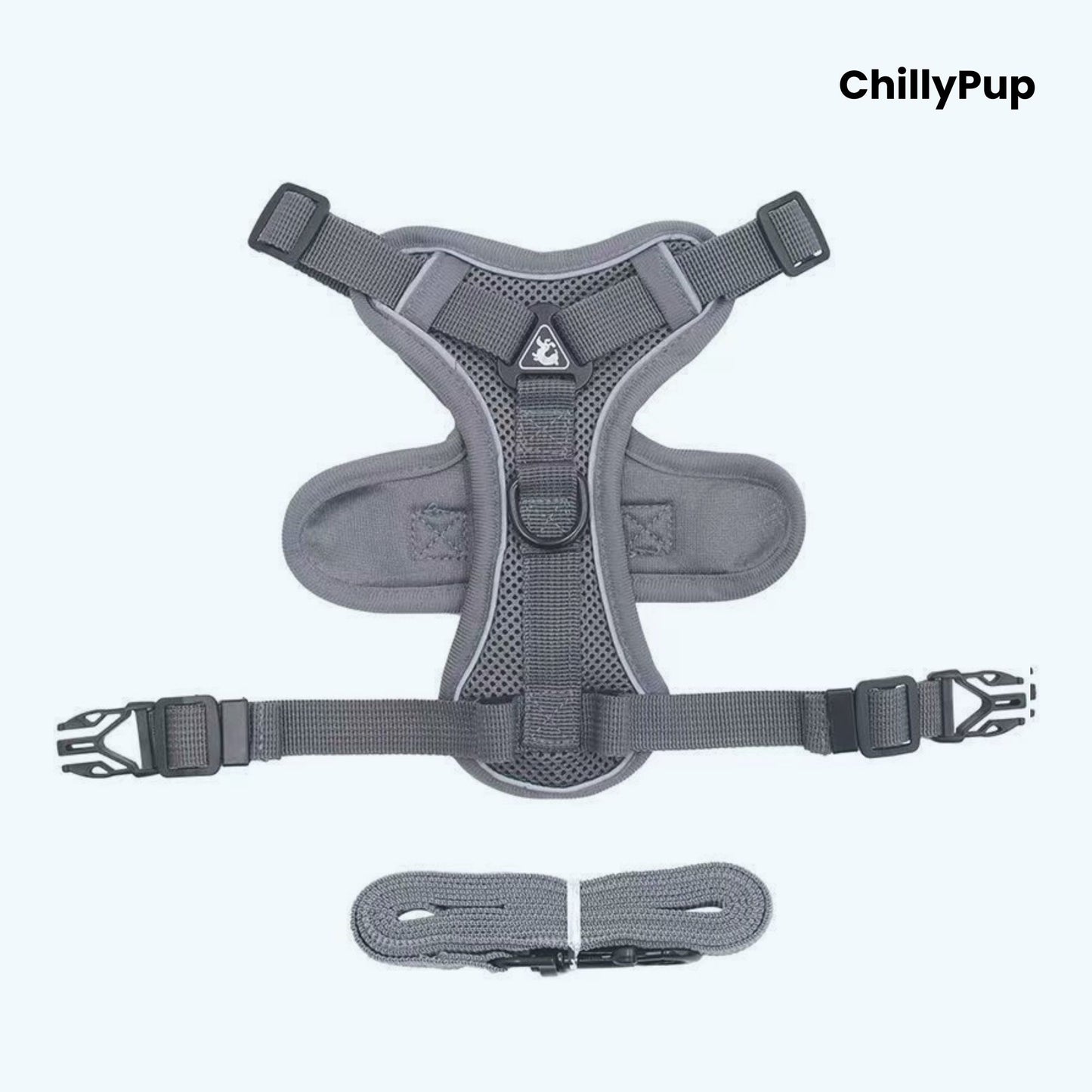 Grey dog harness with matching lead on a white background, branded 'ChillyPup'.