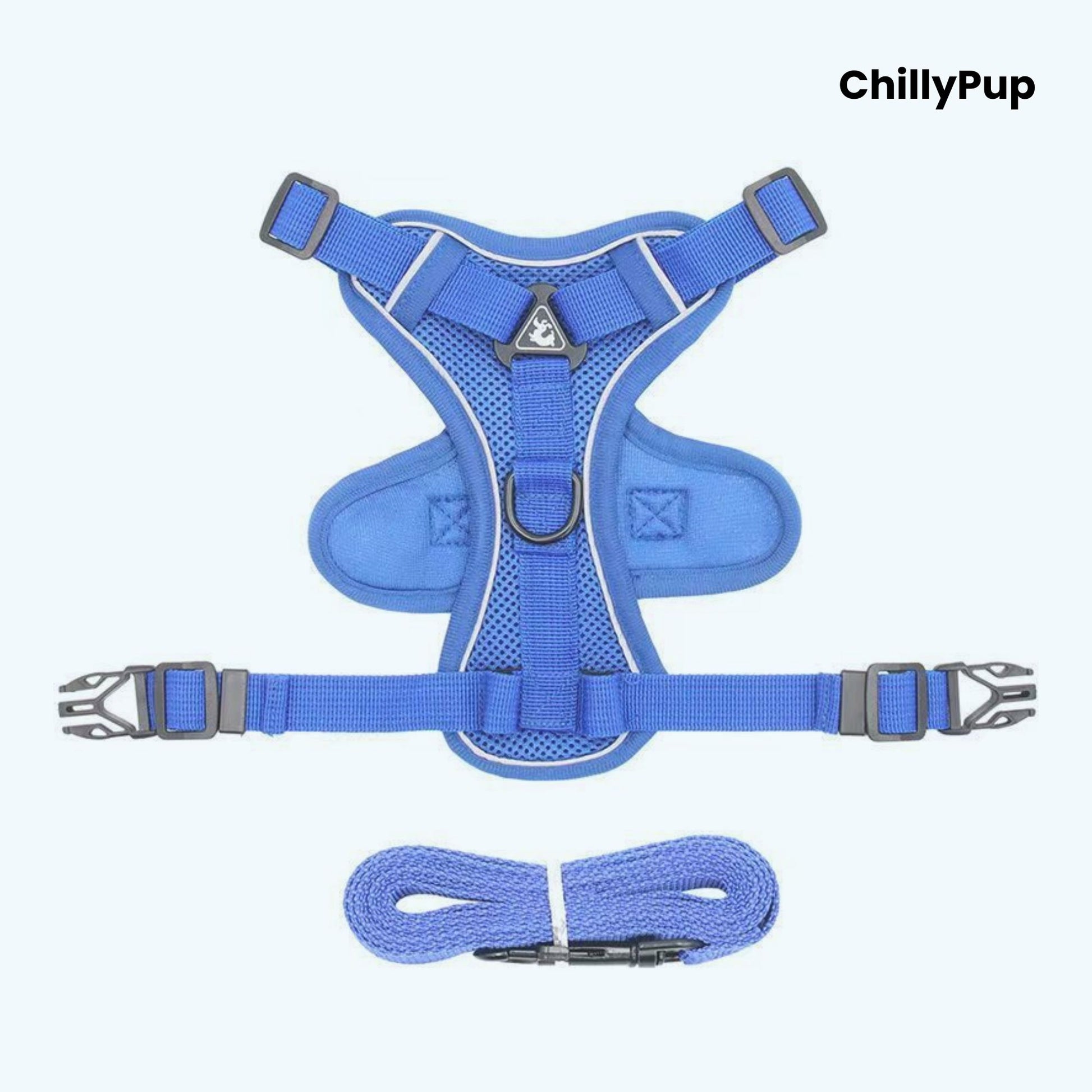 Blue dog harness with matching lead on a white background, branded 'ChillyPup'.