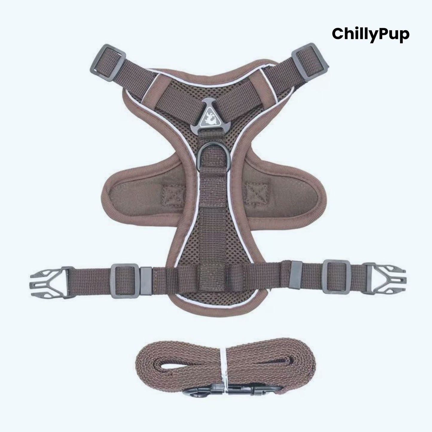 Brown dog harness with matching lead on a white background, branded 'ChillyPup'.