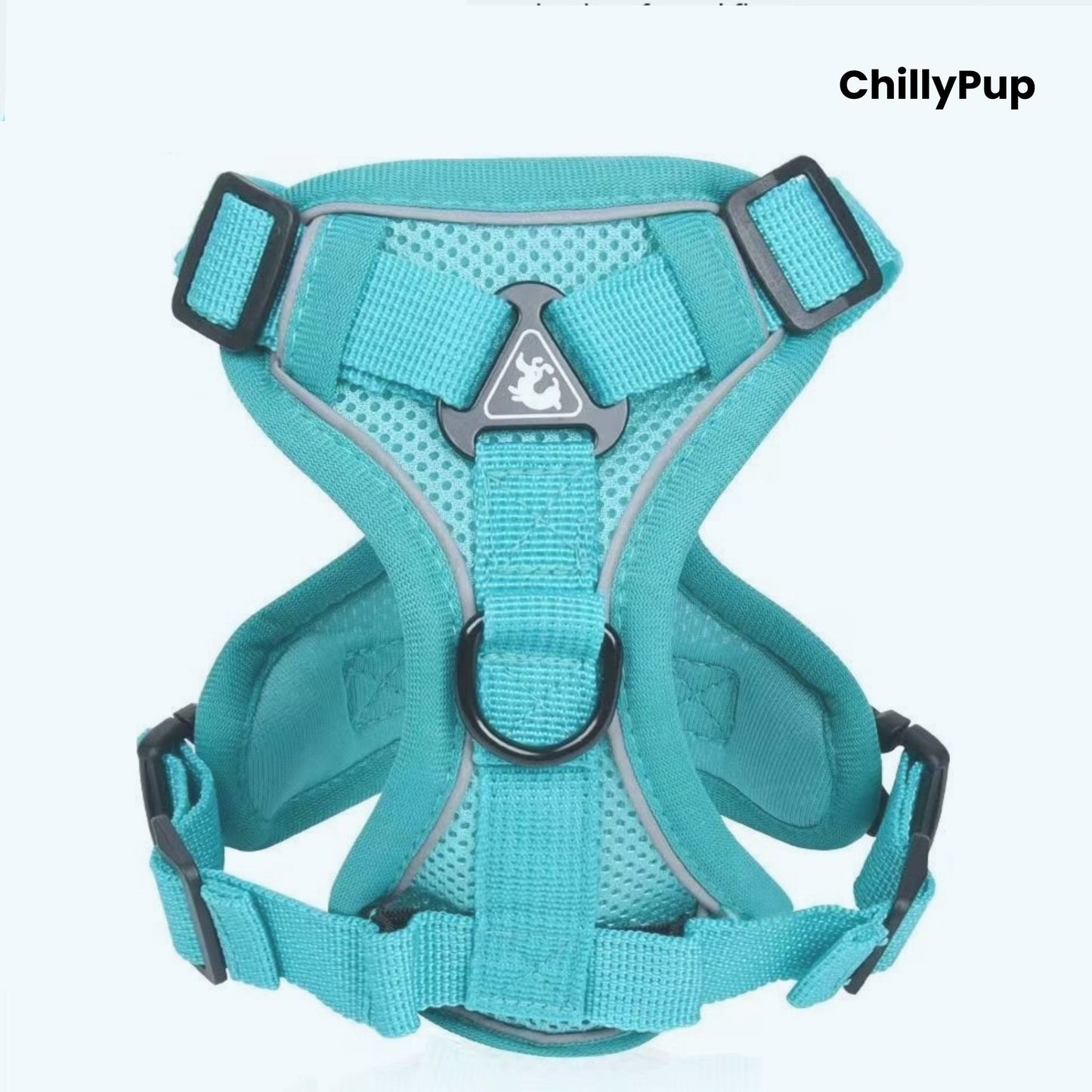 Teal dog harness with black hardware on a white background, branded 'ChillyPup'.