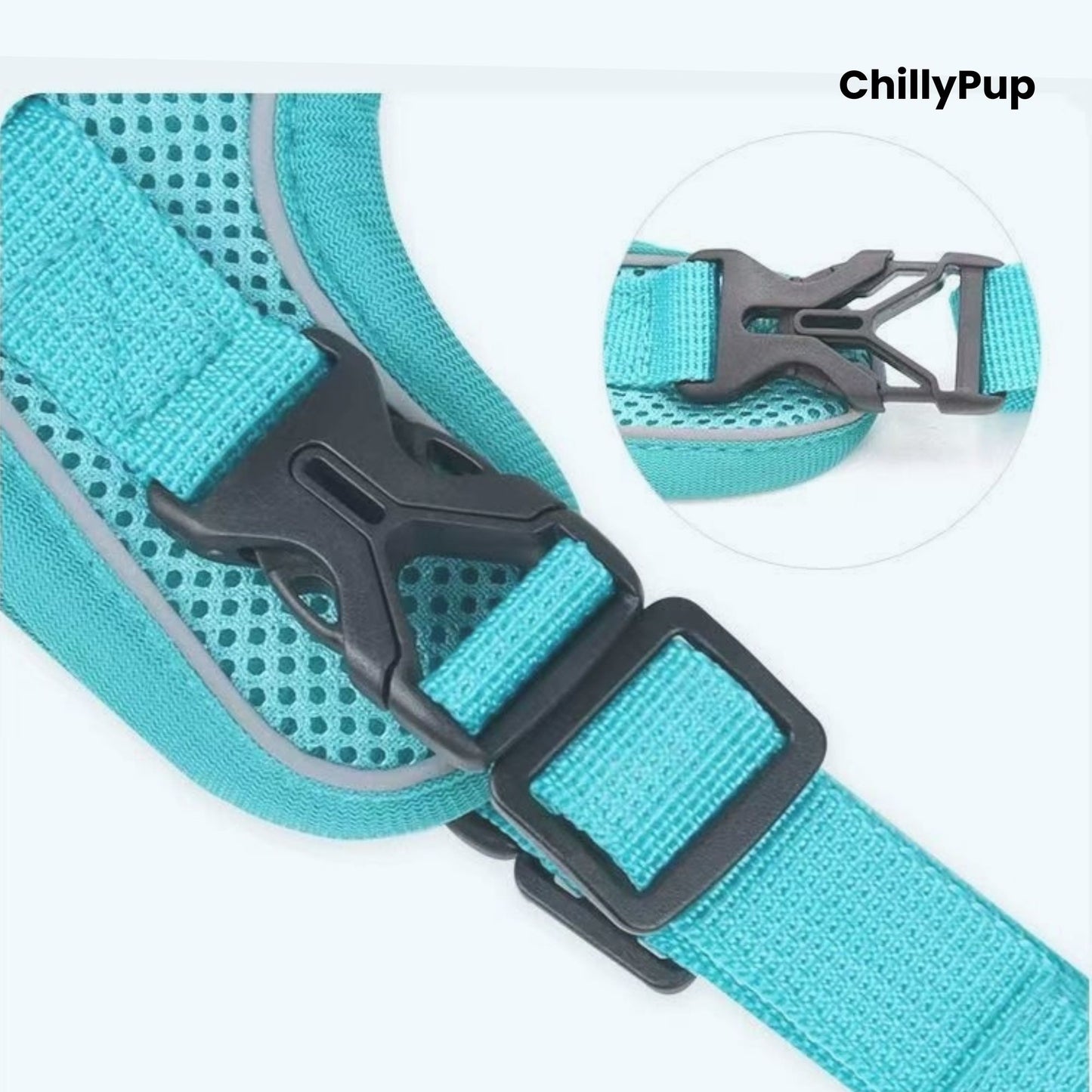 Teal dog harness with black buckle on a white background, featuring 'ChillyPup' branding.