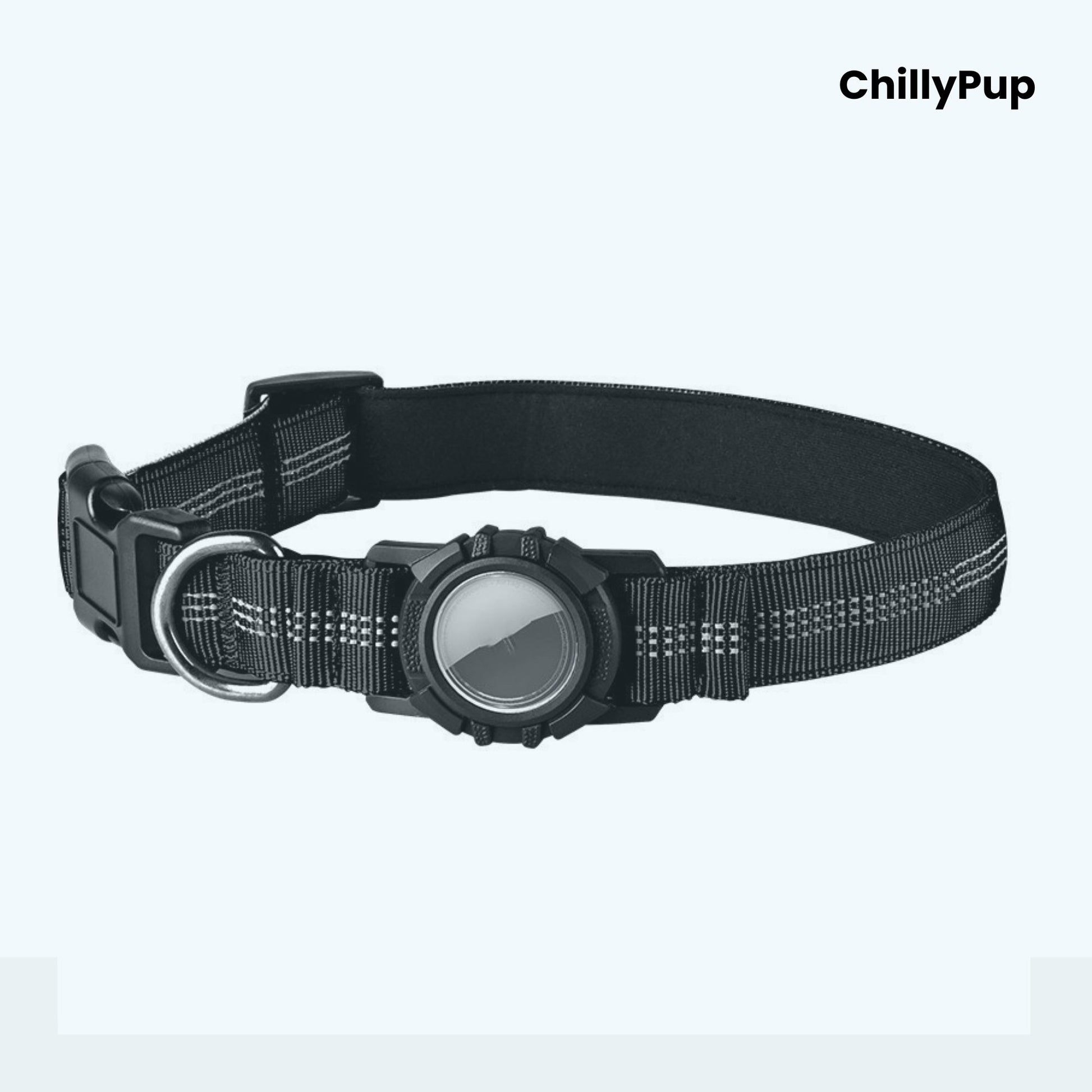 Black dog collar with a black buckle and reflective strip on a white background, branded 'ChillyPup'.