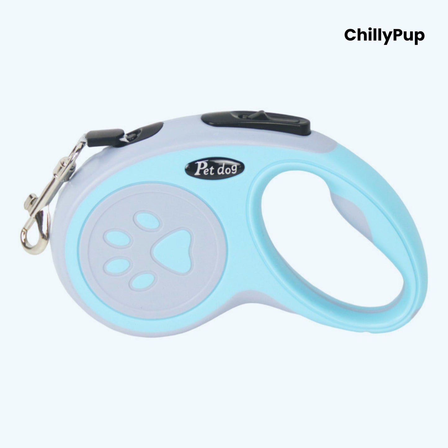 Retractable dog Lead with blue and grey design featuring a paw print, branded 'ChillyPup'.