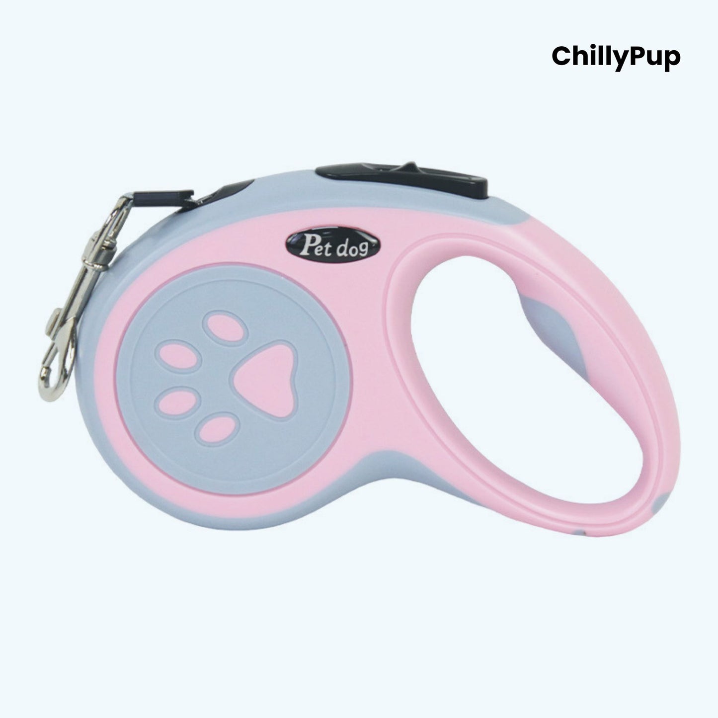 Retractable dog Leadwith pink and grey design featuring a paw print, branded 'ChillyPup'.