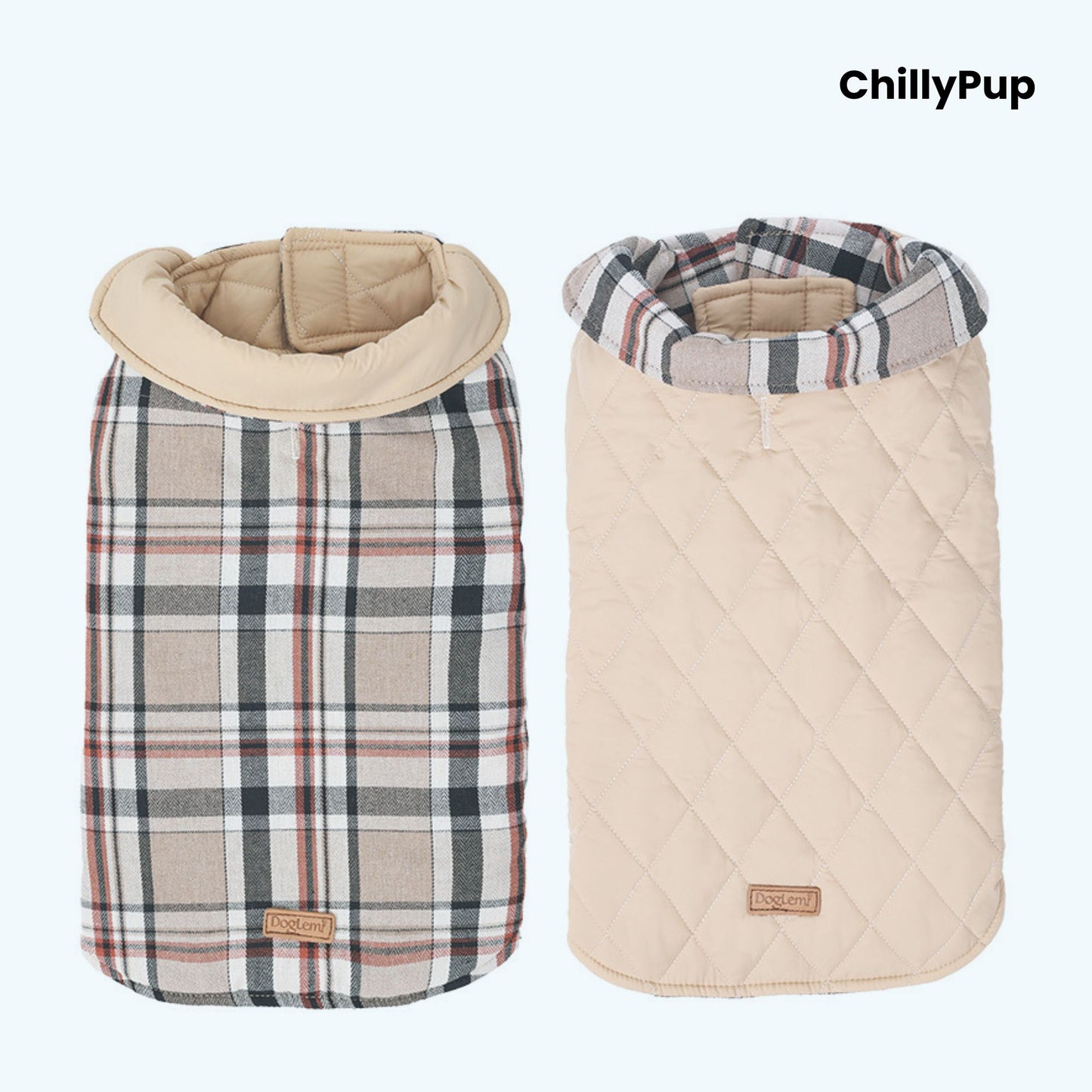 Reversible Heritage Tartan Dog Coat showing both sides with ChillyPup branding on a white background.