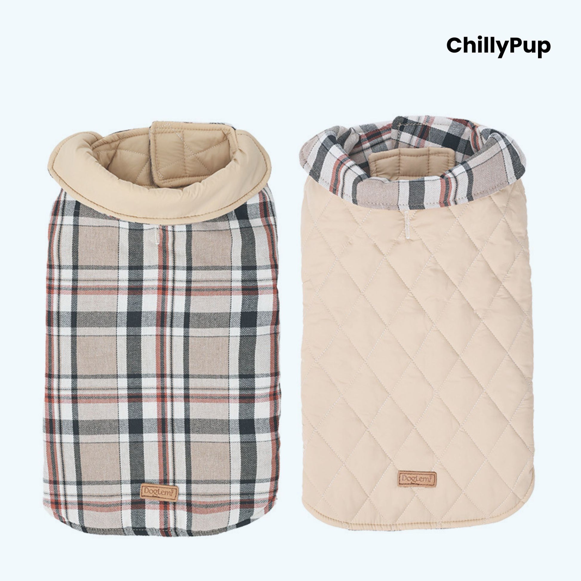 Reversible Heritage Tartan Dog Coat showing both sides with ChillyPup branding on a white background.
