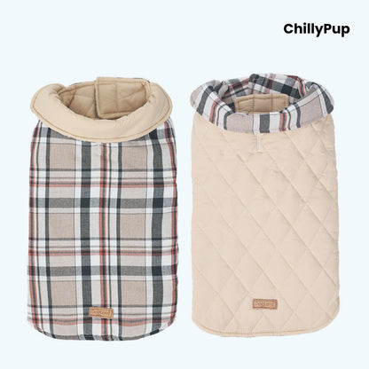 Reversible Heritage Tartan Dog Coat showing both sides with ChillyPup branding on a white background.