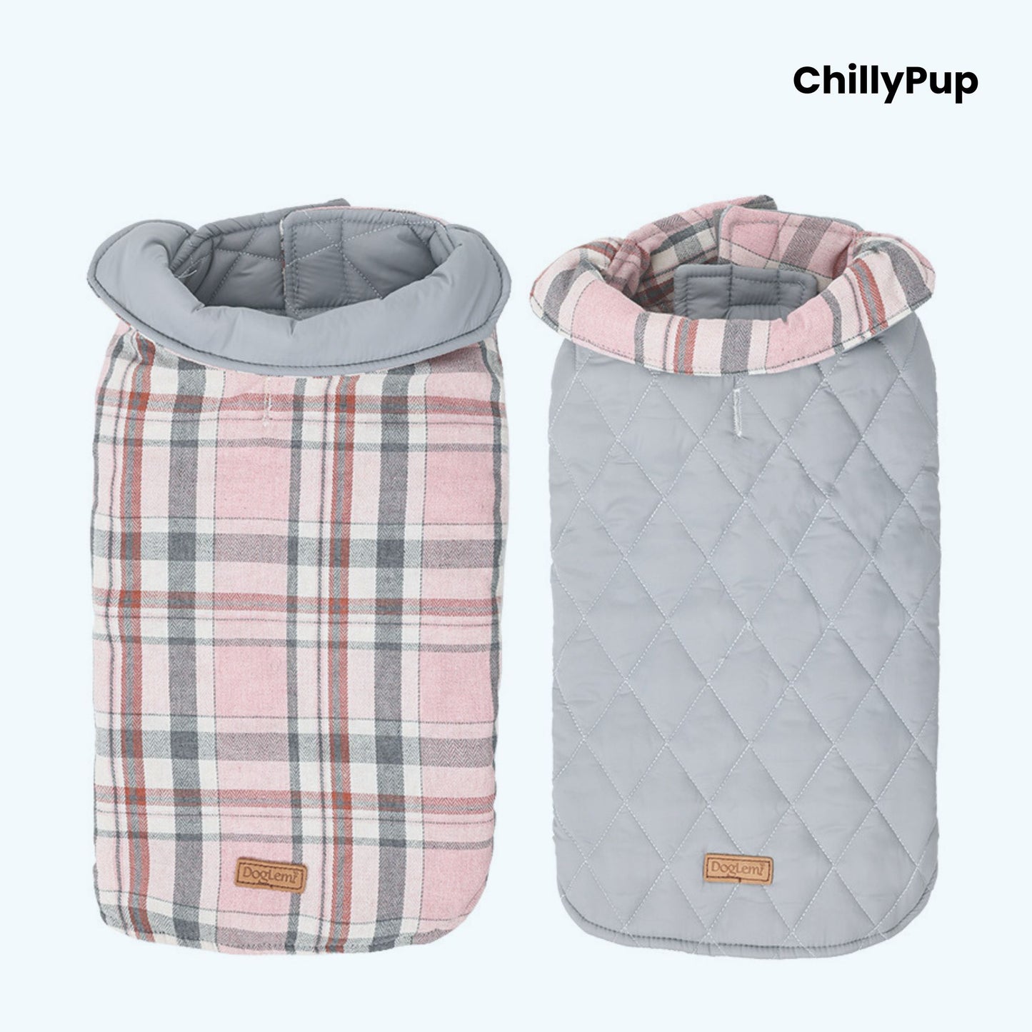Reversible Heritage Tartan Dog Coat showing both sides with ChillyPup branding on a white background.