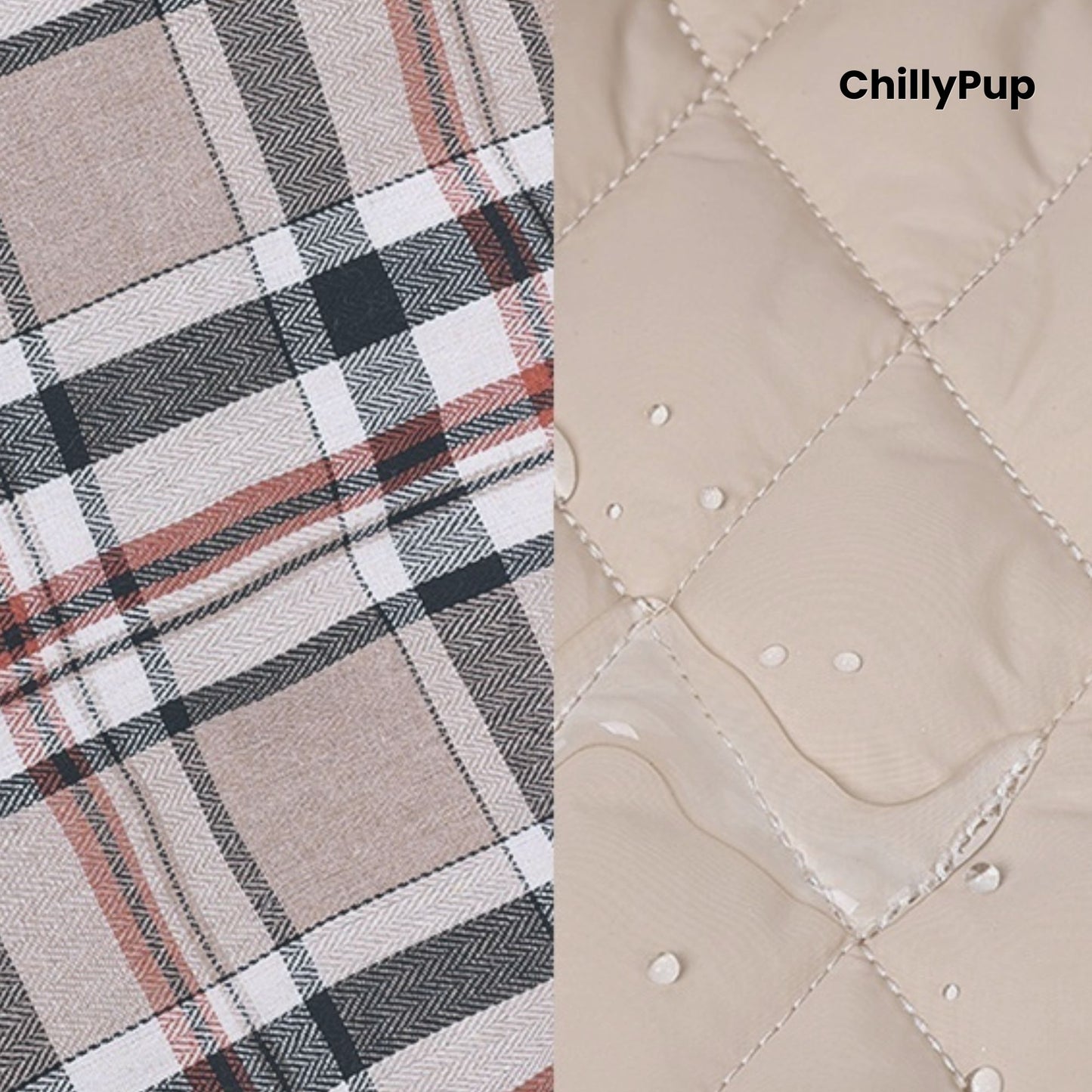 Reversible Heritage Tartan Dog Coat showing both sides with ChillyPup branding on a white background.