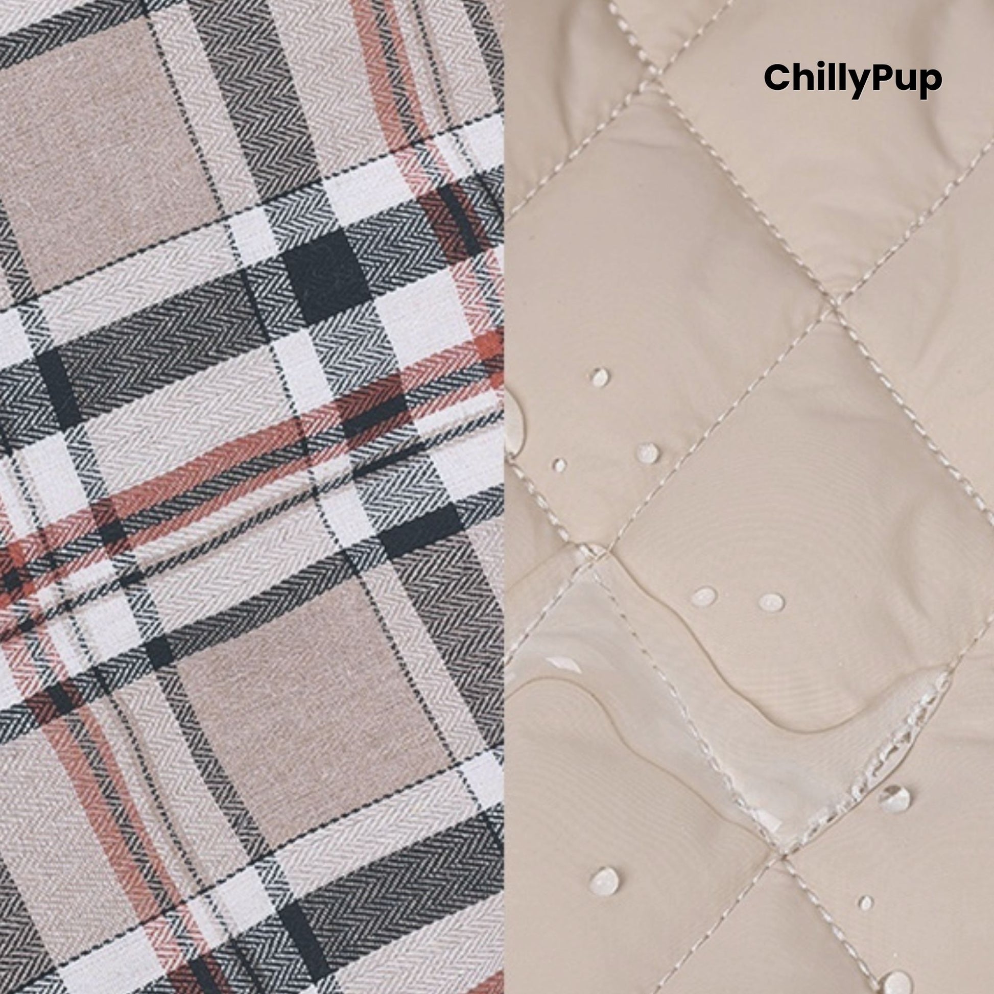 Reversible Heritage Tartan Dog Coat showing both sides with ChillyPup branding on a white background.
