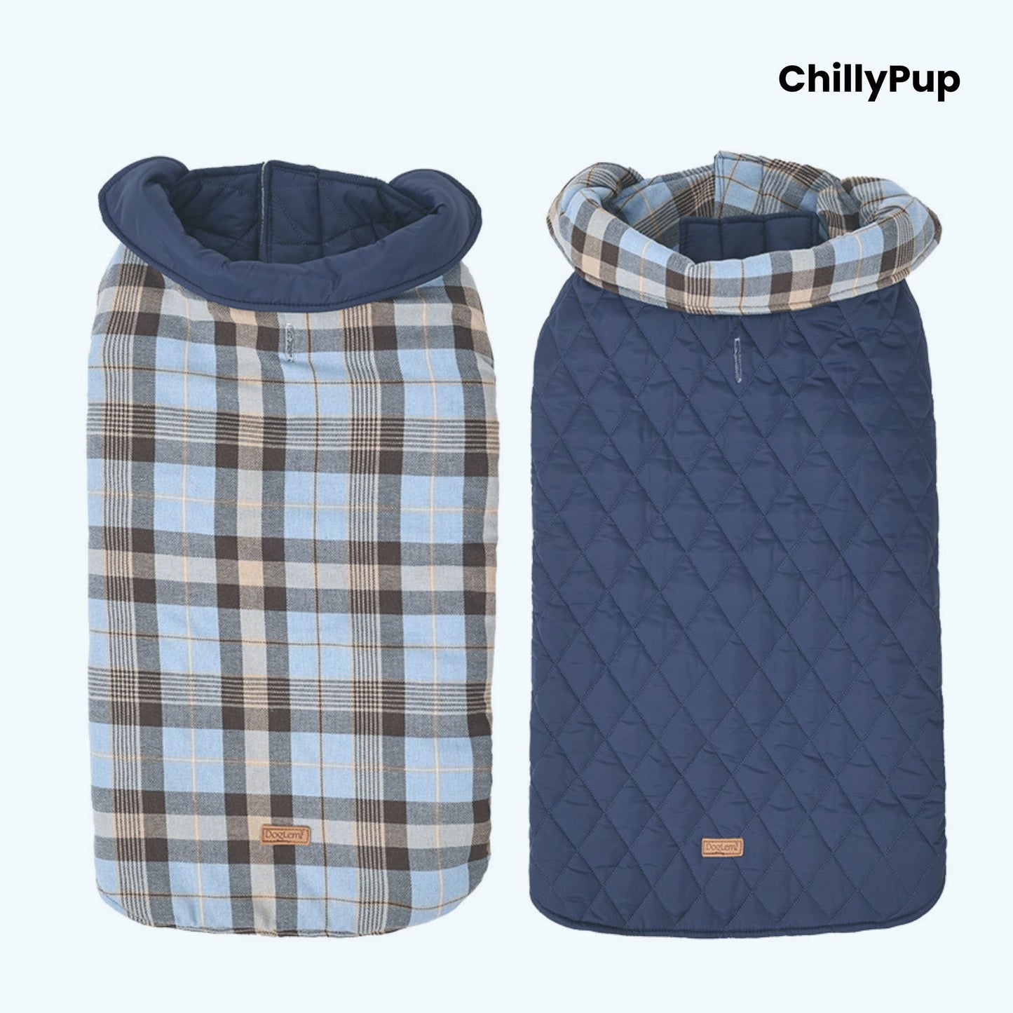 Reversible Heritage Tartan Dog Coat showing both sides with ChillyPup branding on a white background.