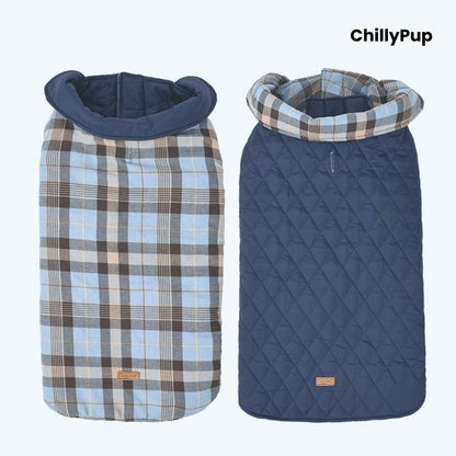 Reversible Heritage Tartan Dog Coat showing both sides with ChillyPup branding on a white background.