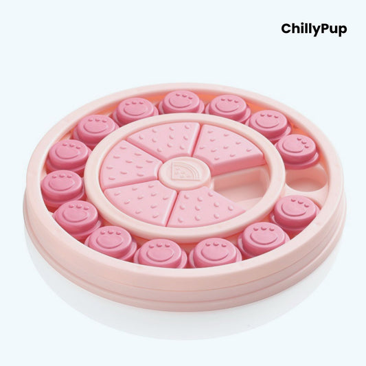 Pink dog puzzle toy for treats on a white background, branded 'ChillyPup'.