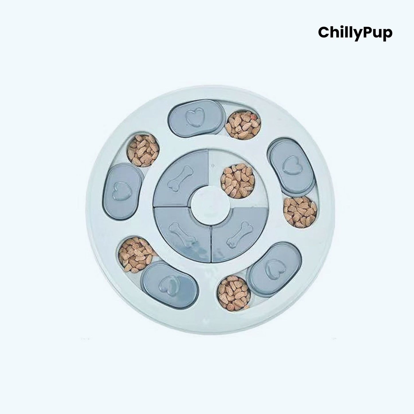 Round dog puzzle toy with food compartments on a white background, branded 'ChillyPup'
