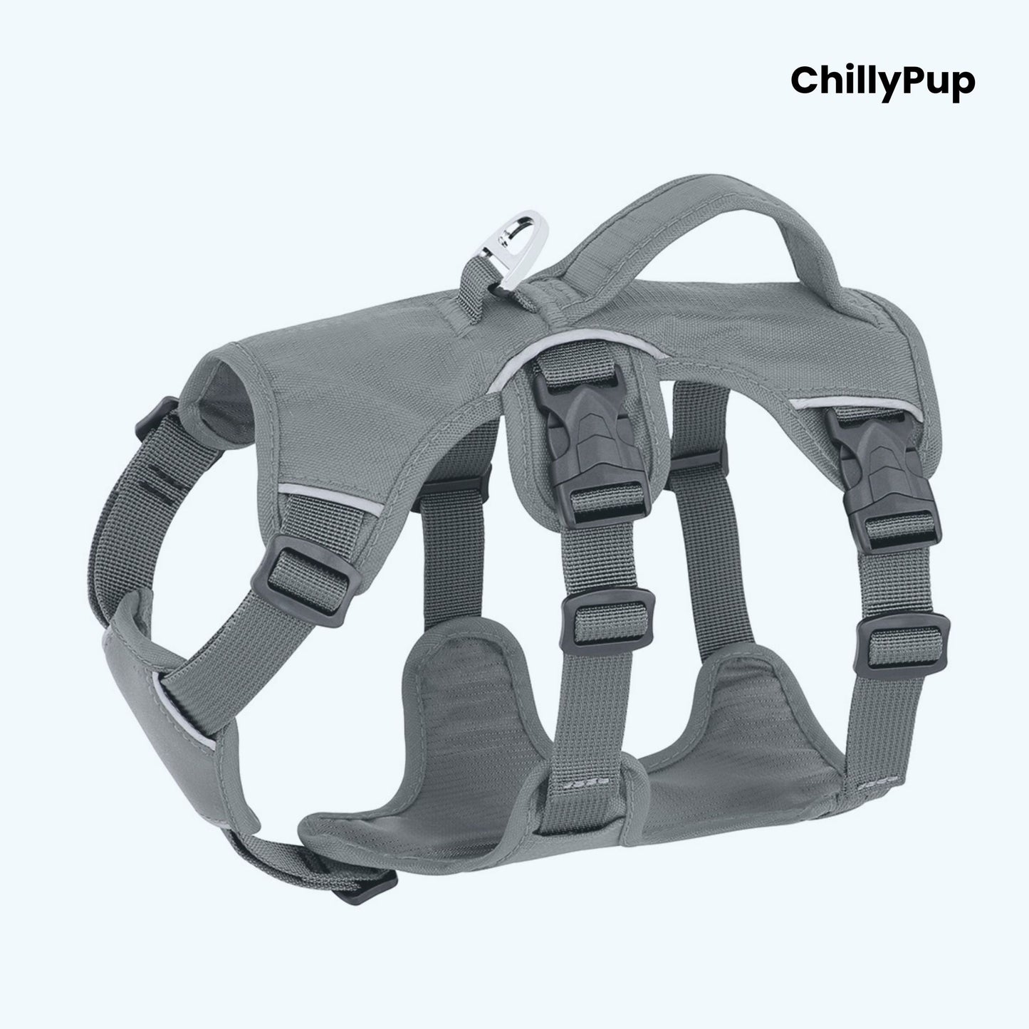 Black dog harness with 'ChillyPup' branding on a white background