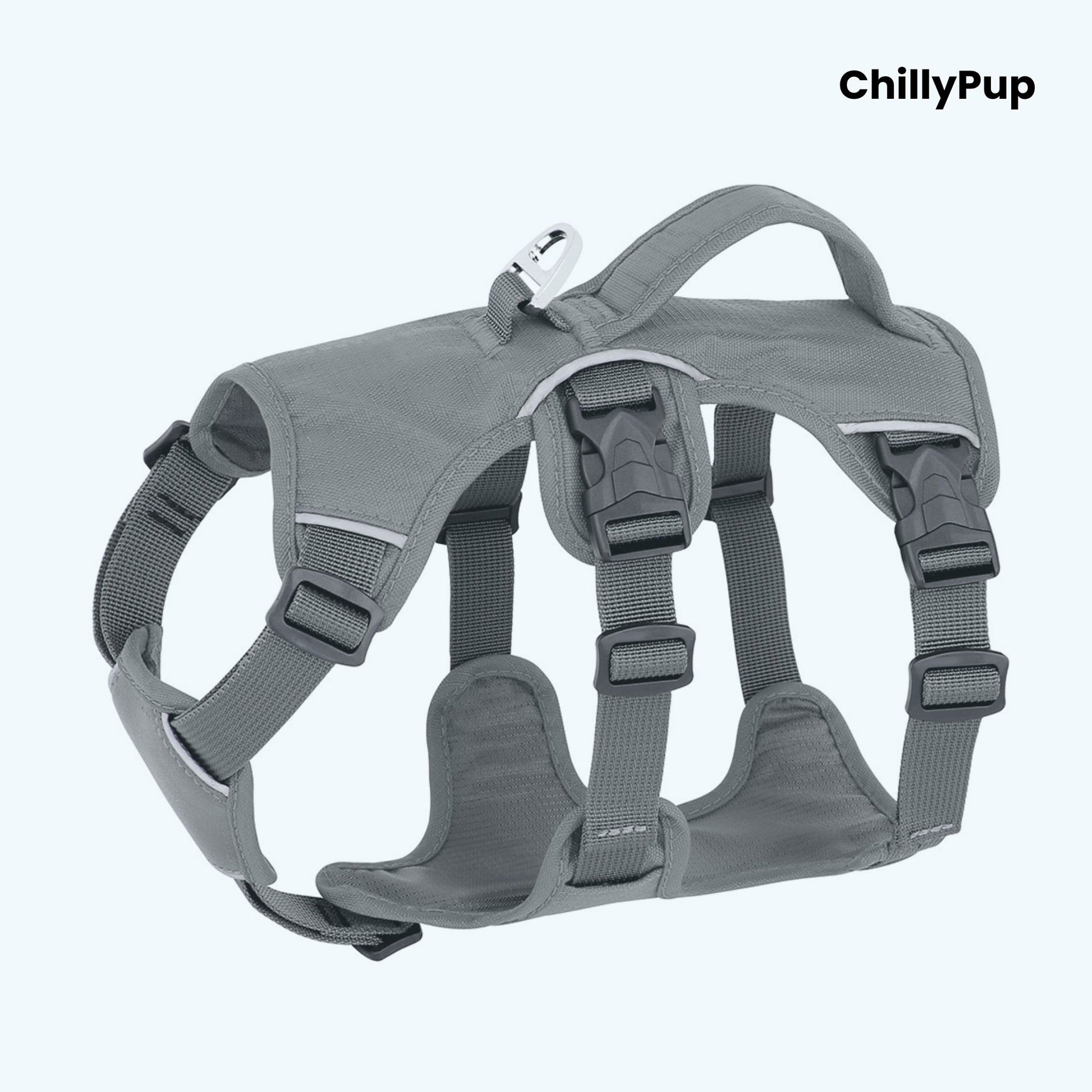 Black dog harness with 'ChillyPup' branding on a white background