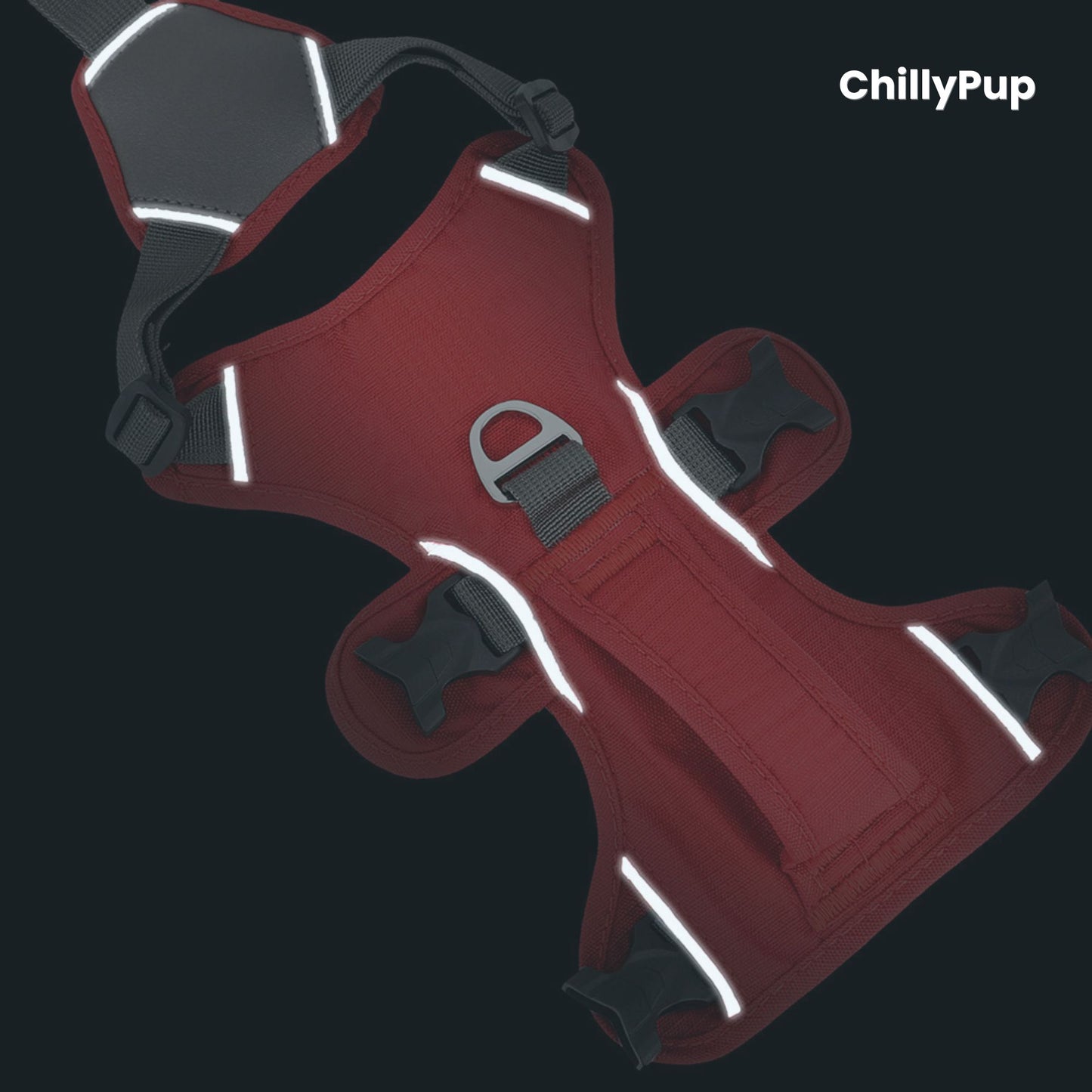 Red dog harness with reflective stripes on a black background, branded 'ChillyPup'.