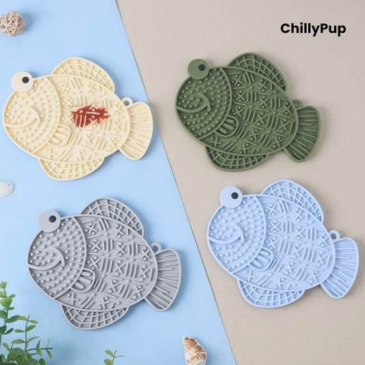 Four fish-shaped silicone mats in Apricot, green, grey, and blue on a light blue and beige background with 'ChillyPup' branding.