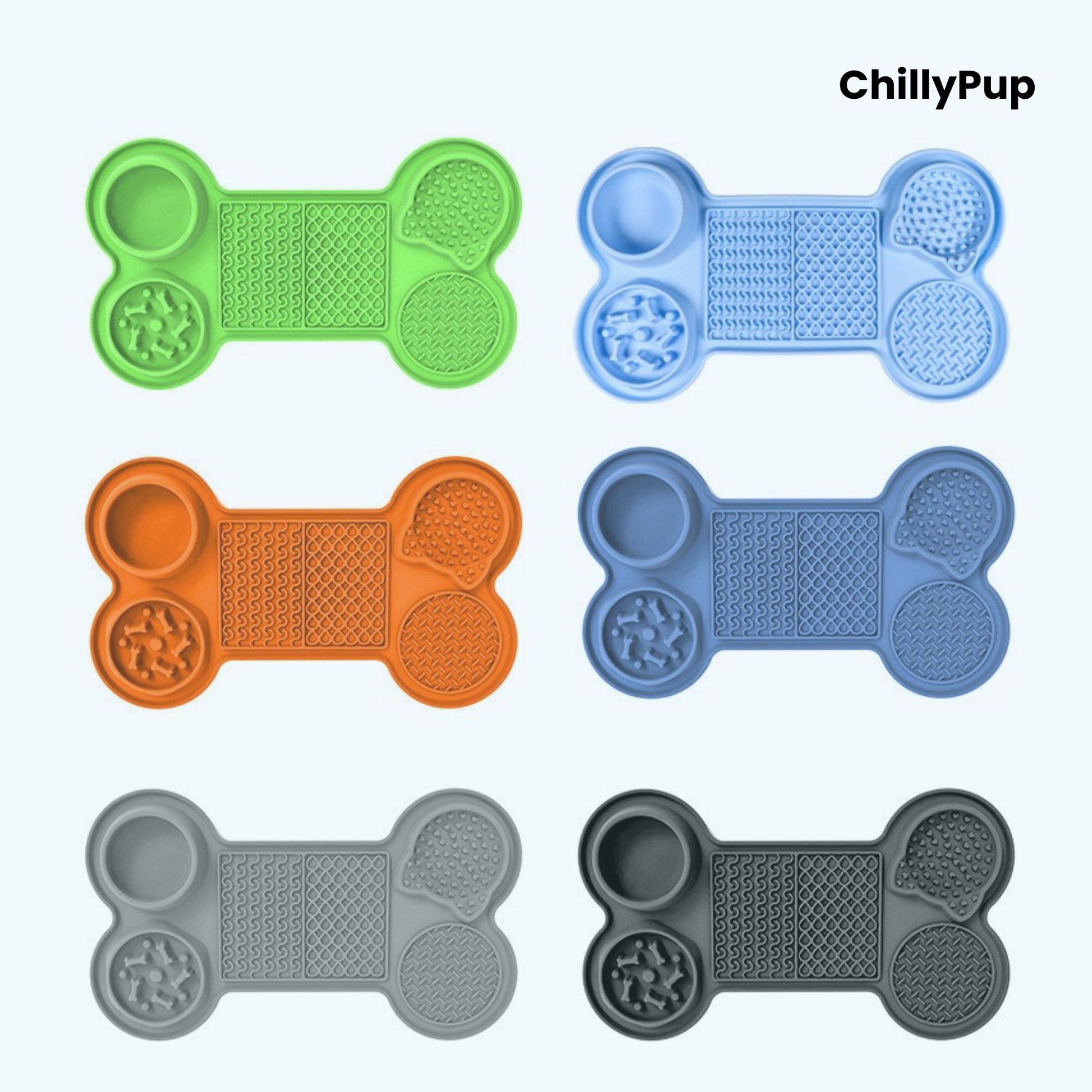 Set of bone-shaped pet toys in various colours with 'ChillyPup' branding.
