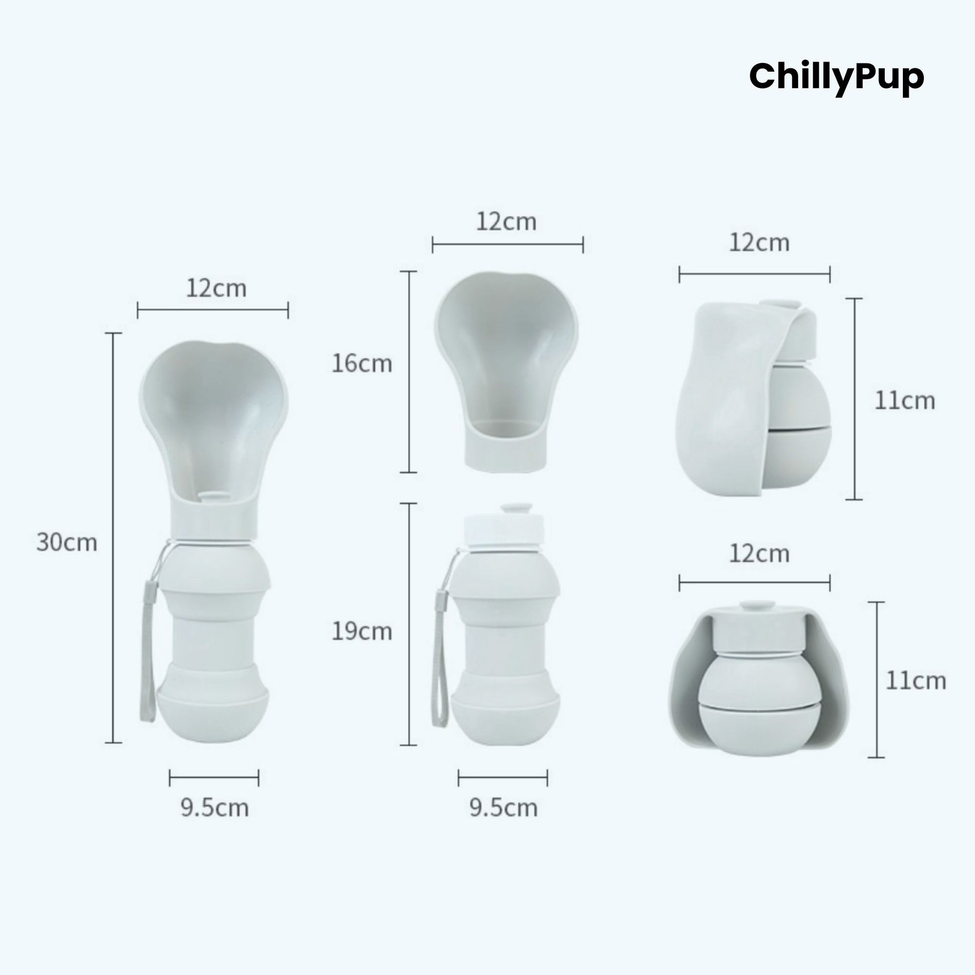 Measurement chart of a ChillyPup foldable silicone water bowl showing various dimensions on a white background.