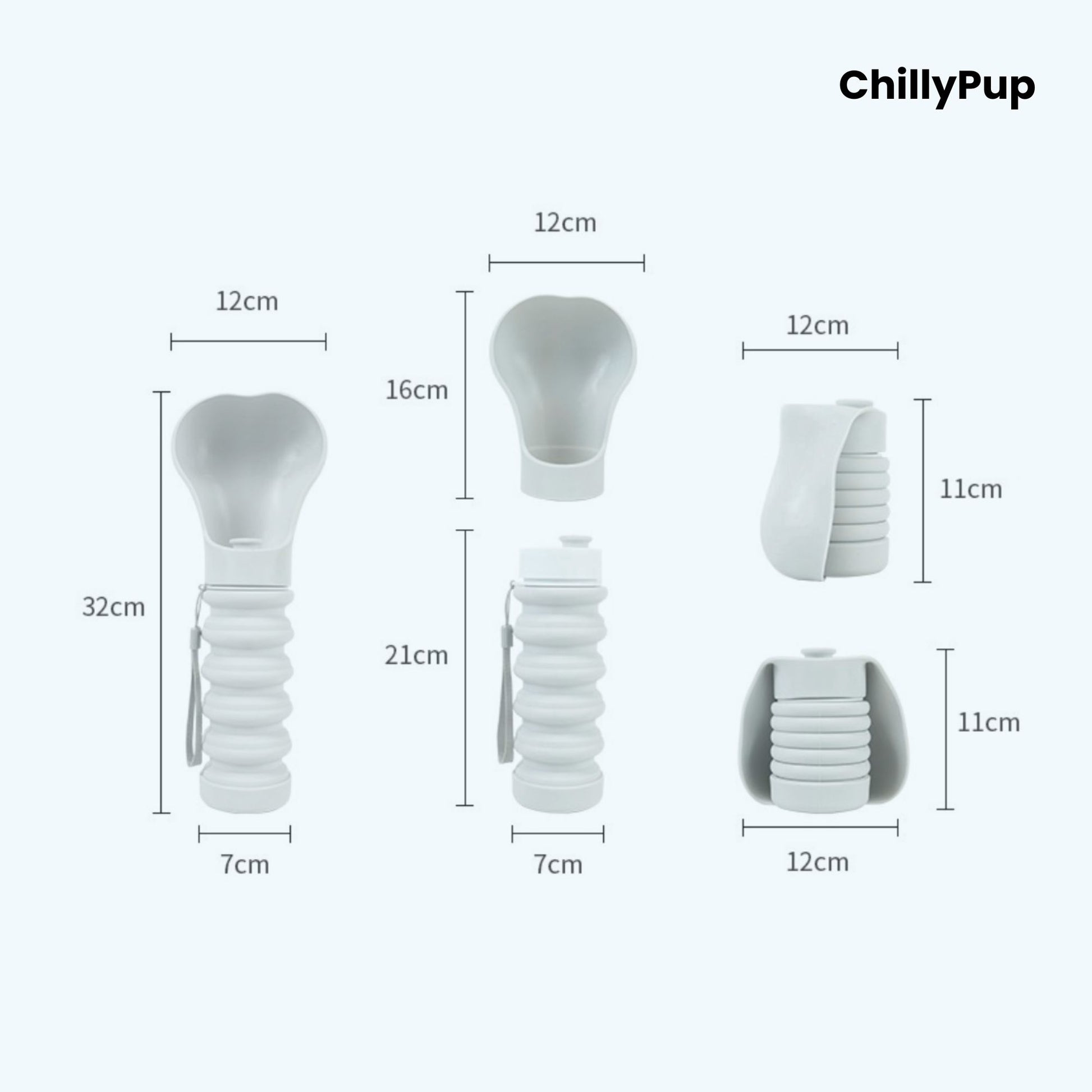 Measurement chart of a ChillyPup foldable silicone water bowl showing various dimensions on a white background.