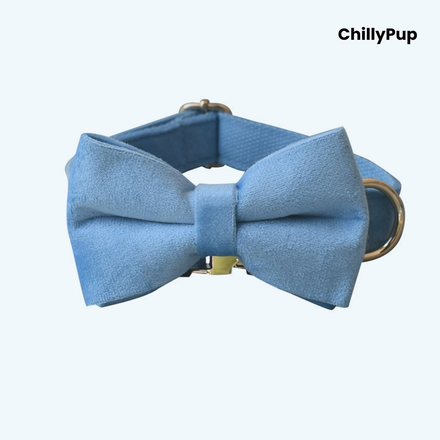 Sky Velvet Bow Tie Collar & Lead Set on a white background with Chillypup branding.