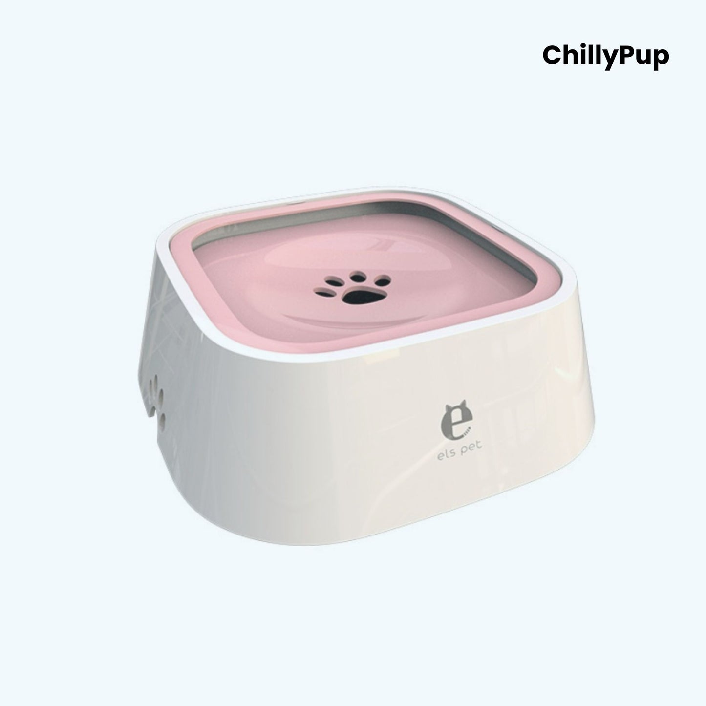 White andPink  pet water bowl with 'ChillyPup' branding on a light grey background