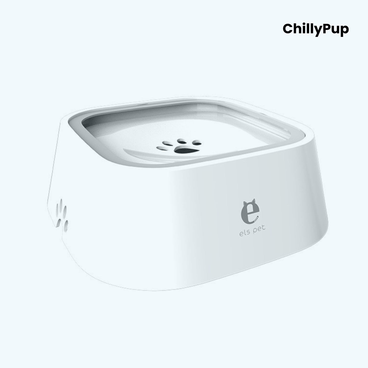 White pet water bowl with 'ChillyPup' branding on a light grey background