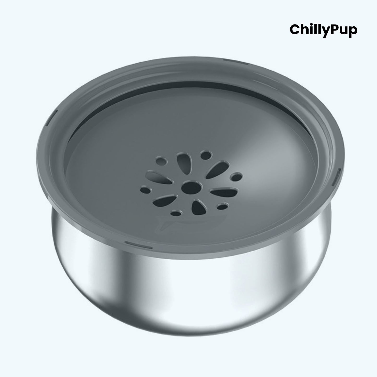 Grey pet water bowl with metal base on a white background, branded 'ChillyPup'.