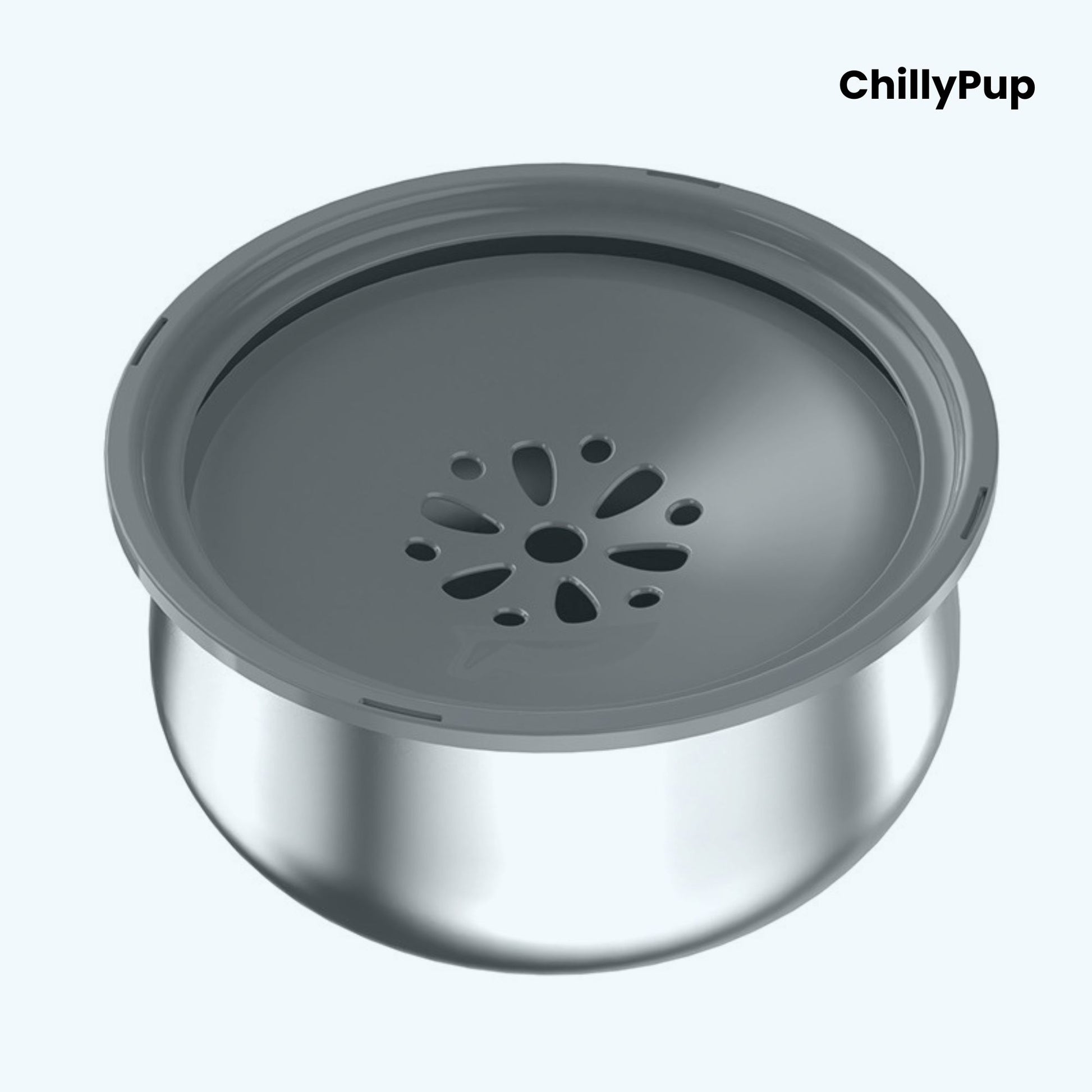 Grey pet water bowl with metal base on a white background, branded 'ChillyPup'.
