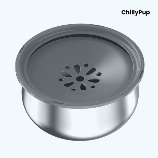 Grey pet water bowl with metal base on a white background, branded 'ChillyPup'.