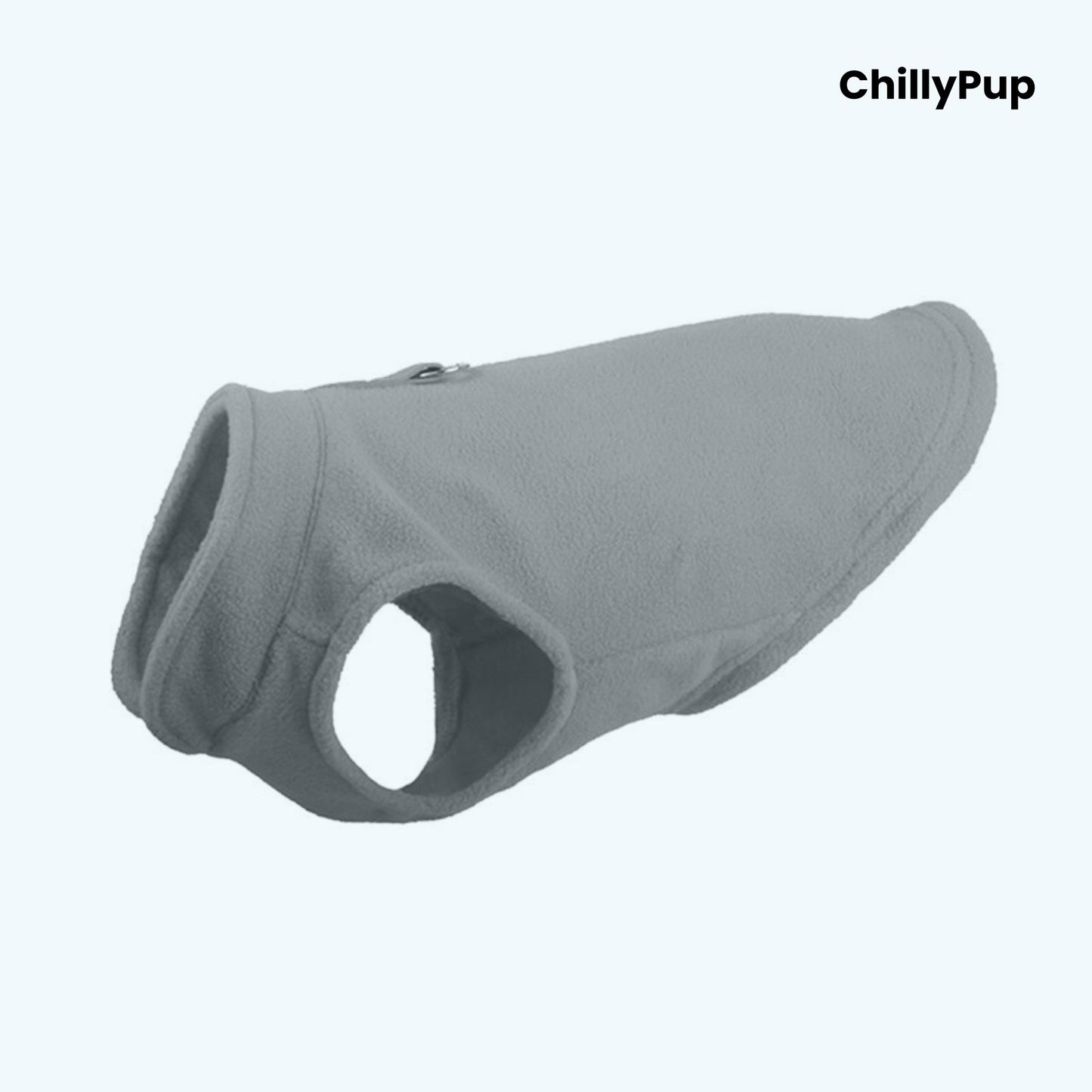 Gray dog coat with 'ChillyPup' branding on a white background