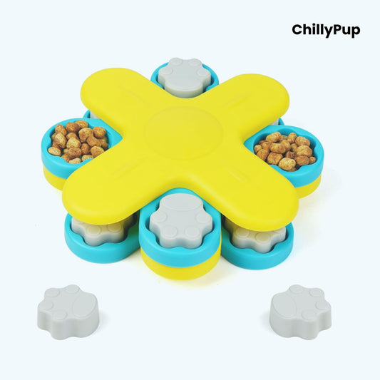 Yellow and blue dog toy with treat compartments on a white background, branded 'ChillyPup'