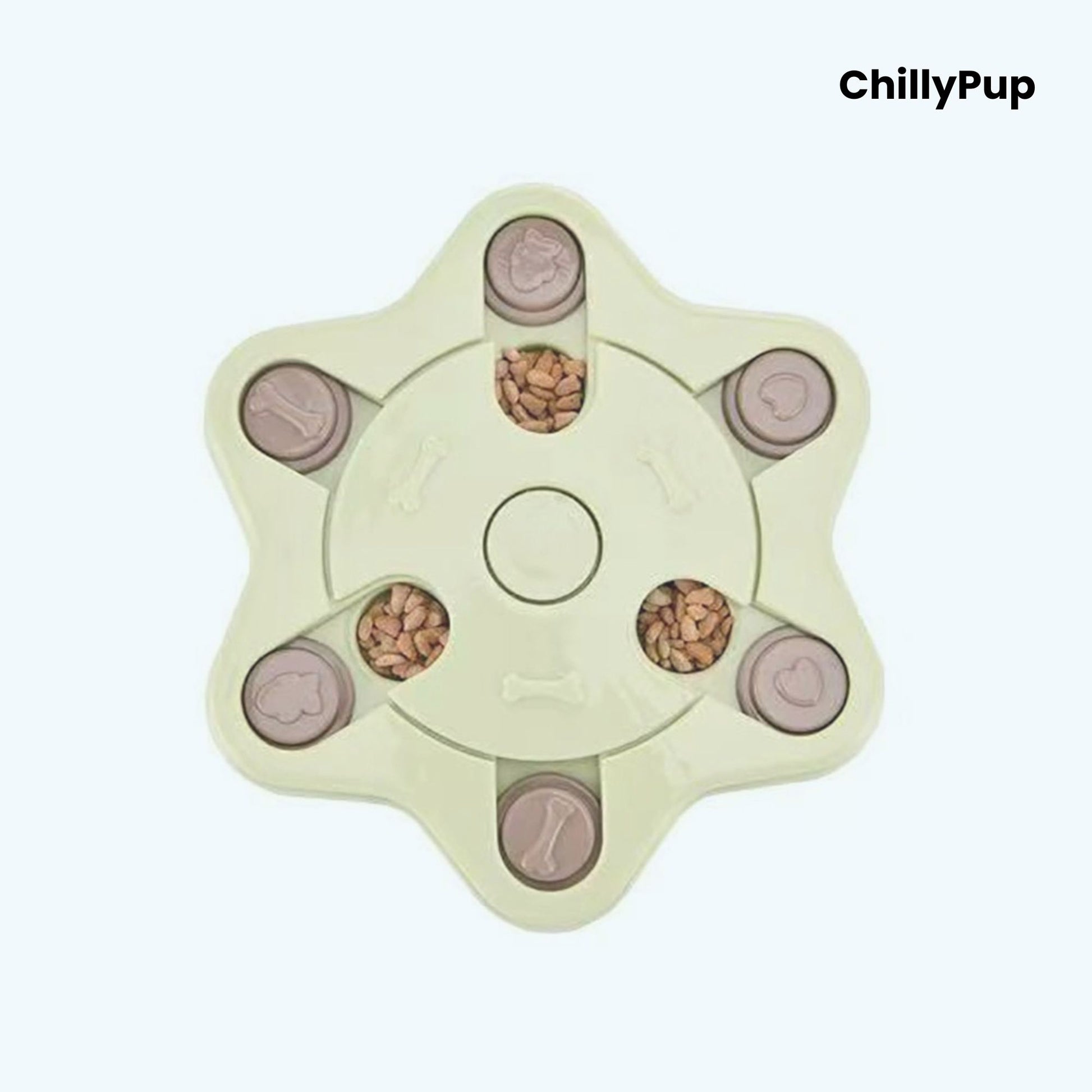 Pet toy with compartments filled with treats on a white background, branded 'ChillyPup'.
