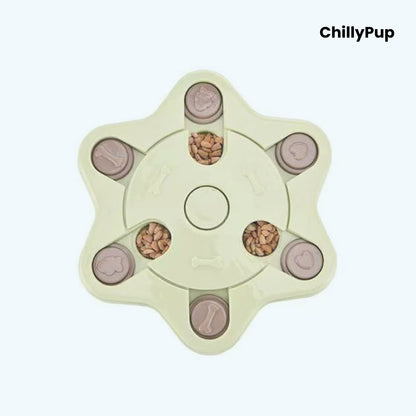 Pet toy with compartments filled with treats on a white background, branded 'ChillyPup'.