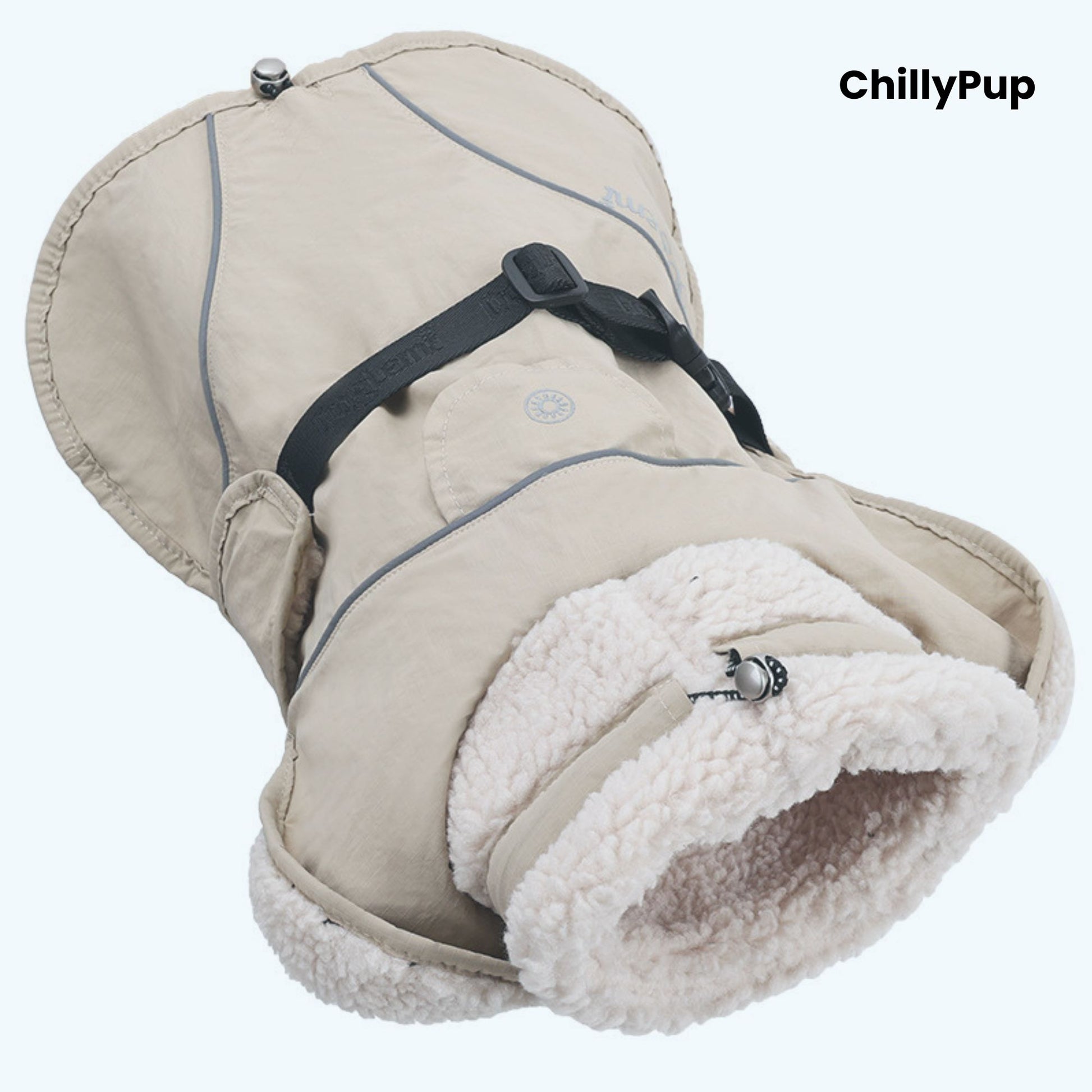 Cream pet dog coat with sherpa lining on a white background, branded 'ChillyPup'.