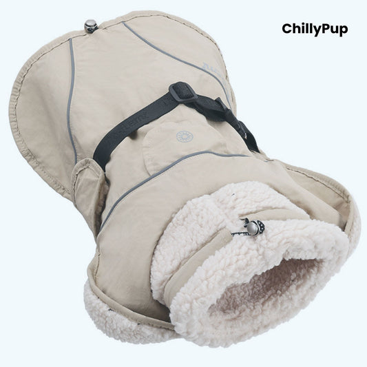 Cream pet dog coat with sherpa lining on a white background, branded 'ChillyPup'.