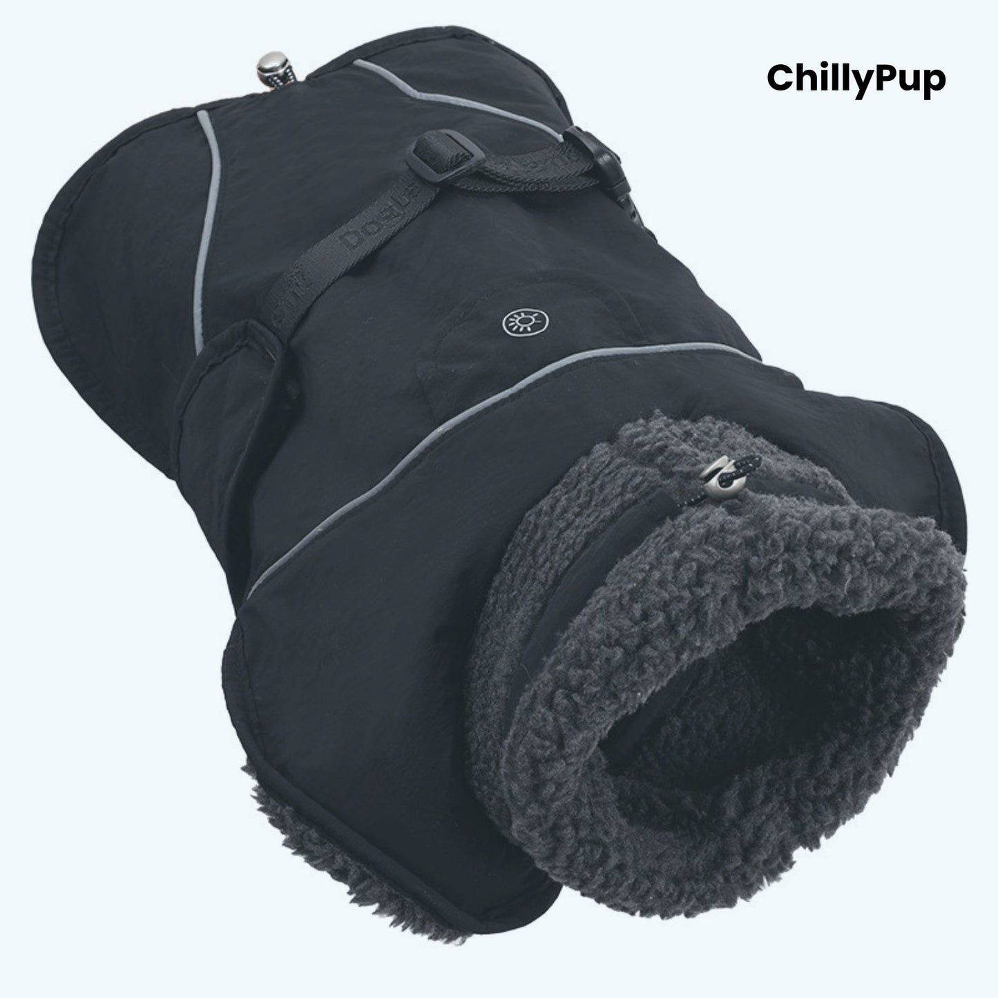 Black dog coat with grey fleece lining on a white background, branded 'ChillyPup'.
