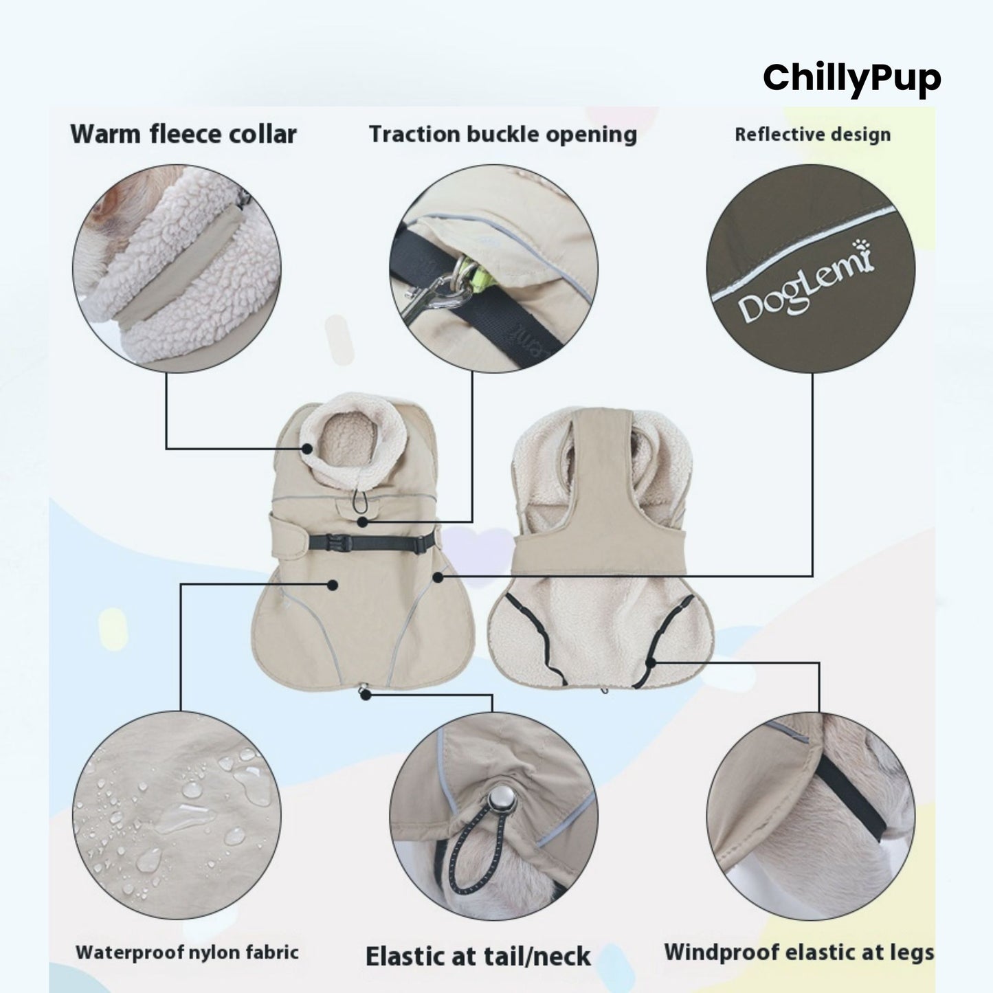 Dog coat with features highlighted, including warm fleece collar, traction buckle opening, reflective design, waterproof nylon fabric, elastic at tail/neck, and windproof elastic at legs. Brand 'ChillyPup' is visible.