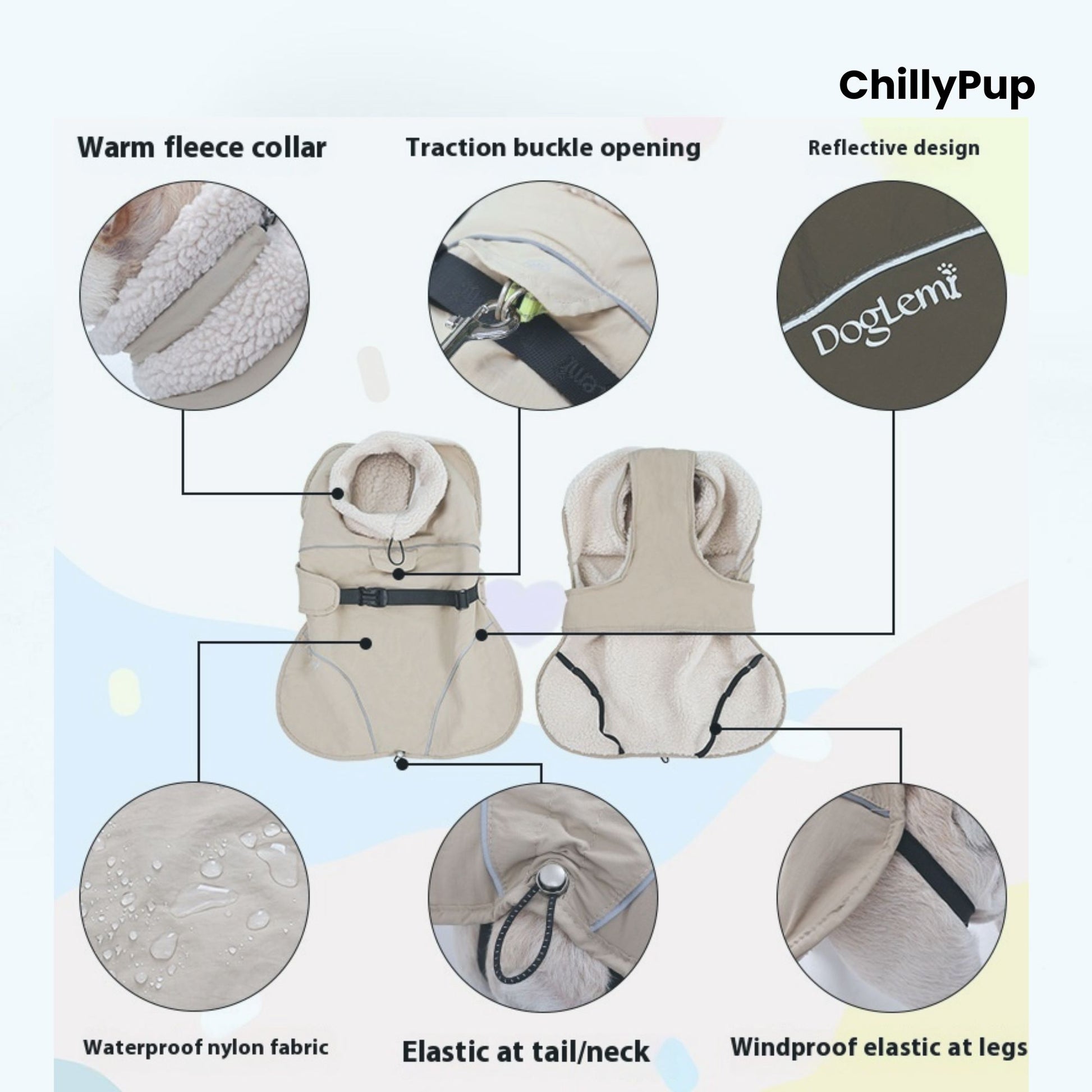 Dog coat with features highlighted, including warm fleece collar, traction buckle opening, reflective design, waterproof nylon fabric, elastic at tail/neck, and windproof elastic at legs. Brand 'ChillyPup' is visible.