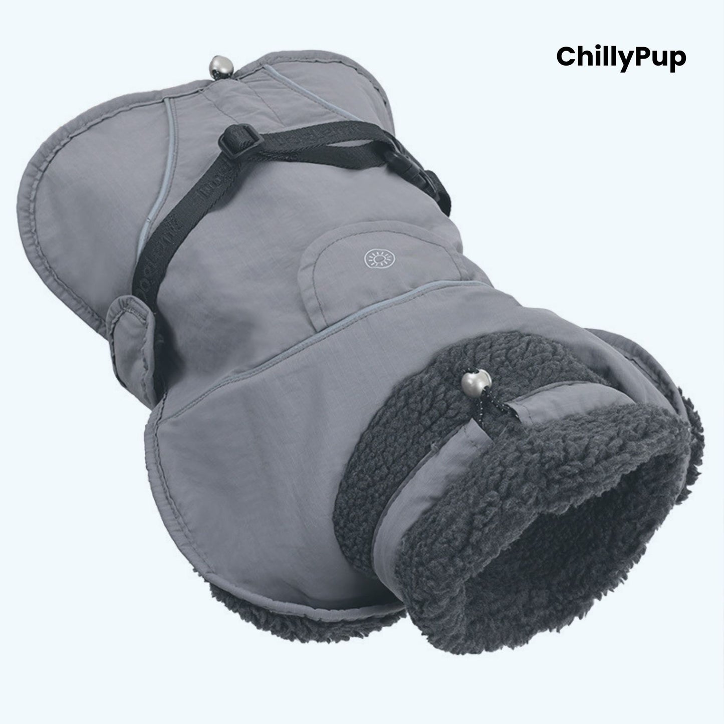 Grey dog coat with black fleece lining on a white background, branded 'ChillyPup'.