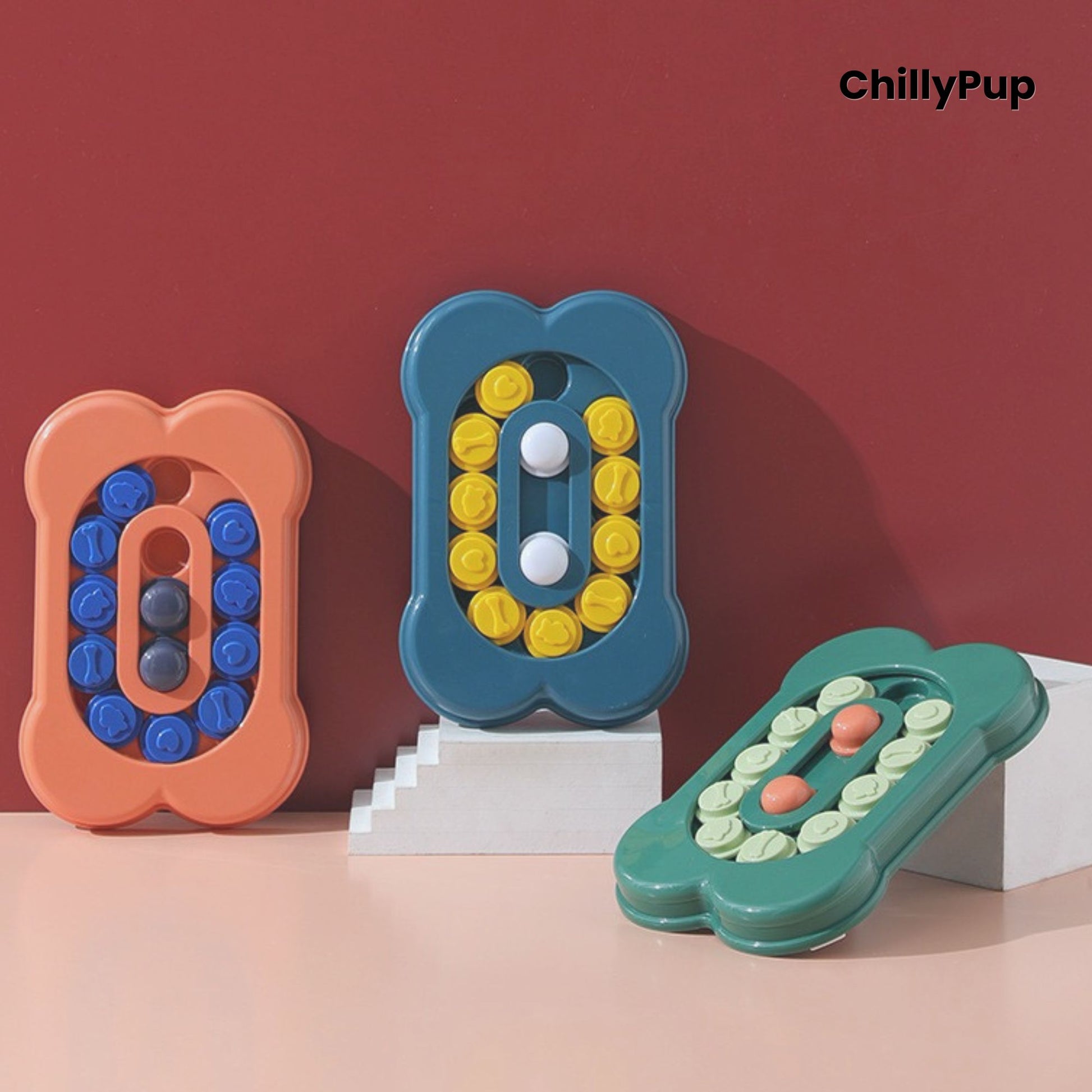 three Dog toy with bone shape filled with treats on a white background, branded 'ChillyPup'.
