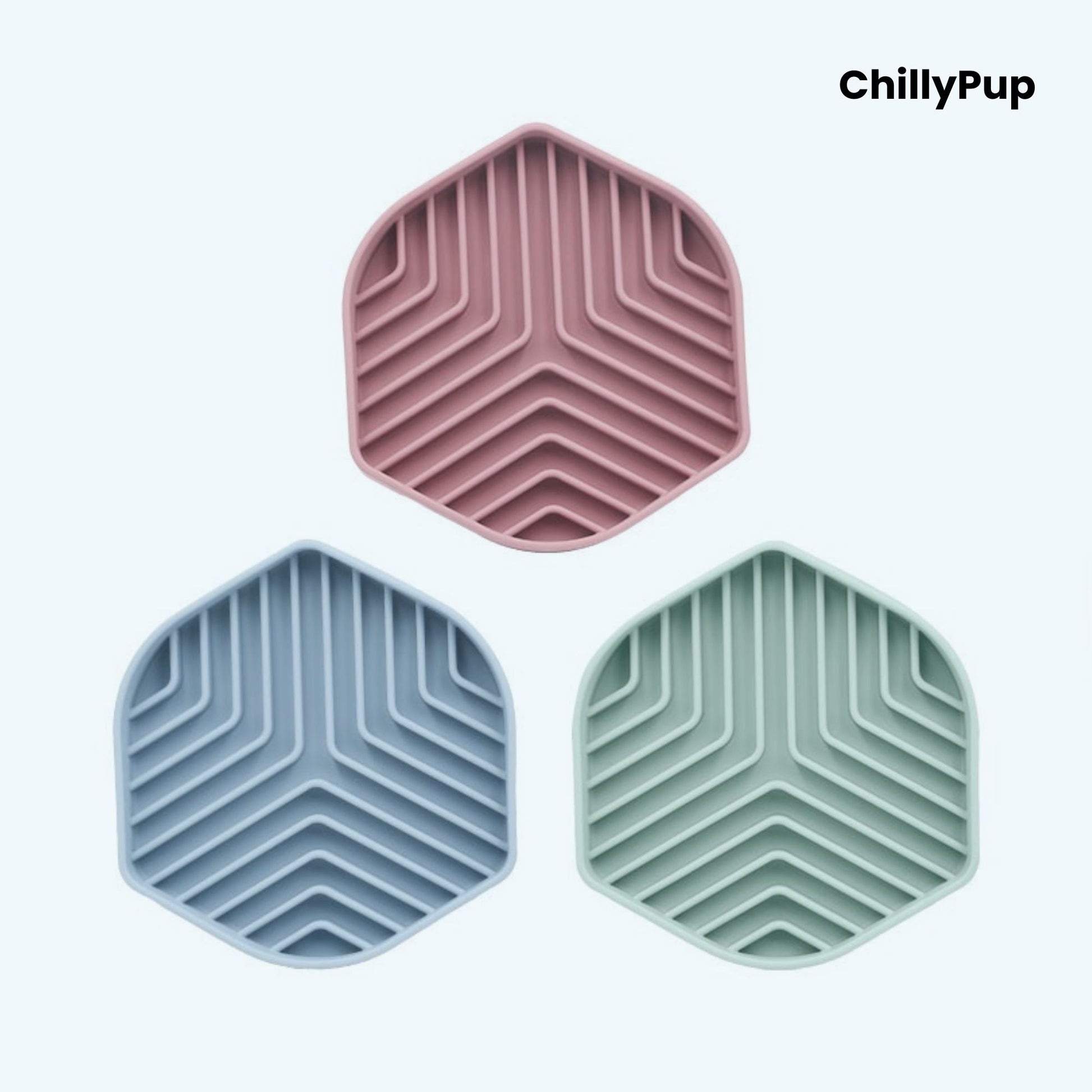 Three Hexagonal silicone mat with zigzag pattern on a light grey background, branded 'ChillyPup'.