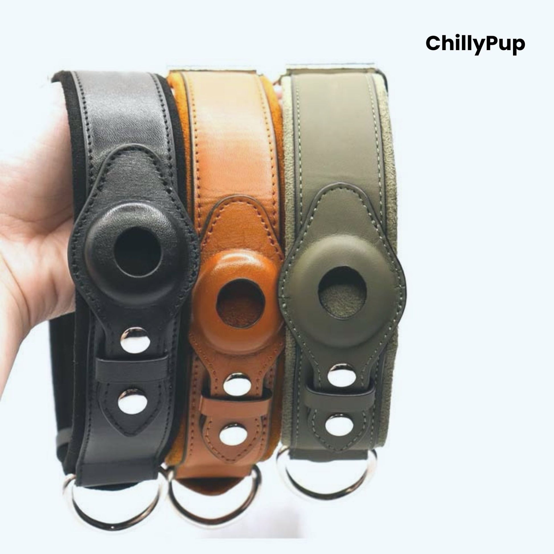 Three AirTag dog collar with a metallic clasp on a white background, branded 'ChillyPup'.