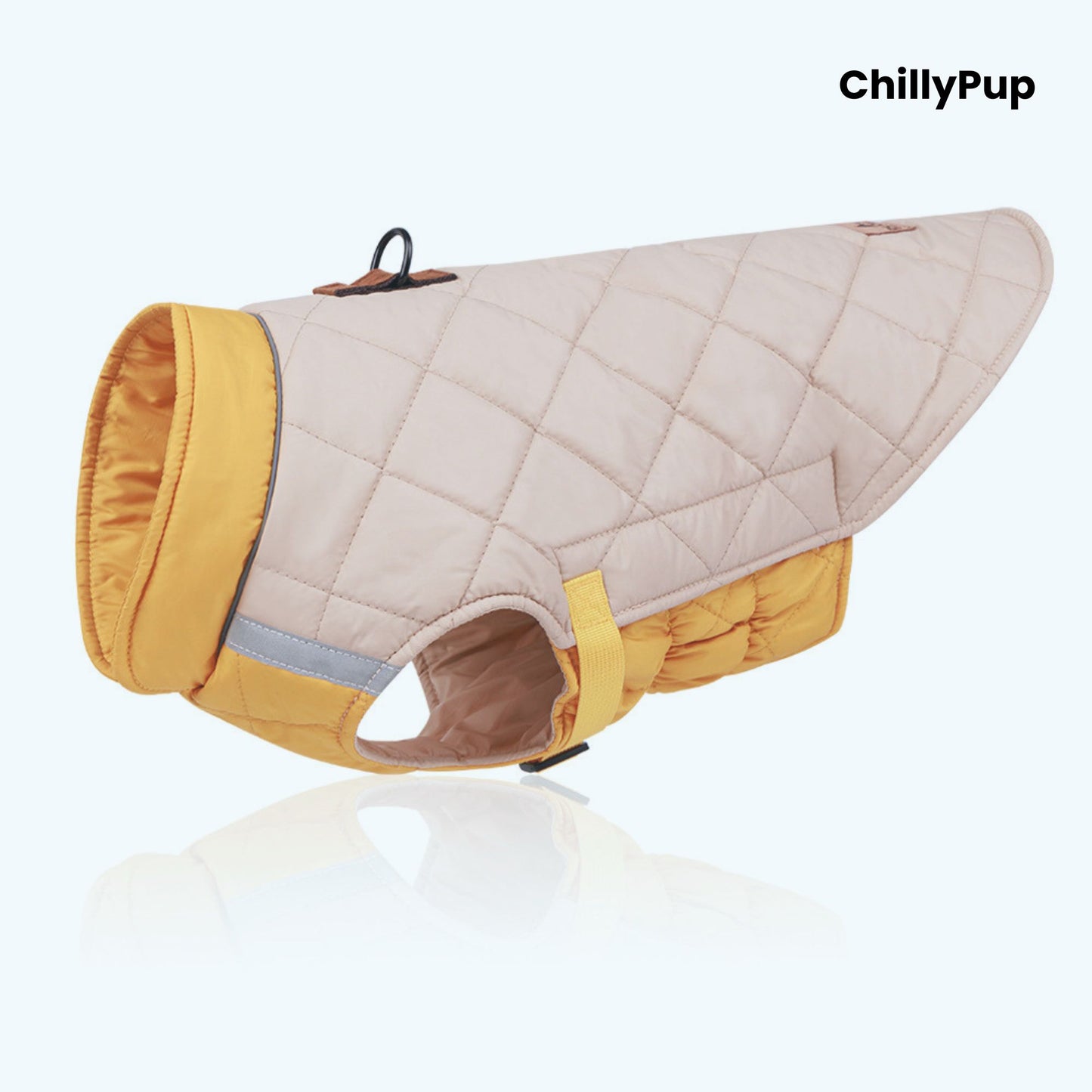 Dog coat with beige quilted design and yellow trim on a white background, branded 'ChillyPup'.