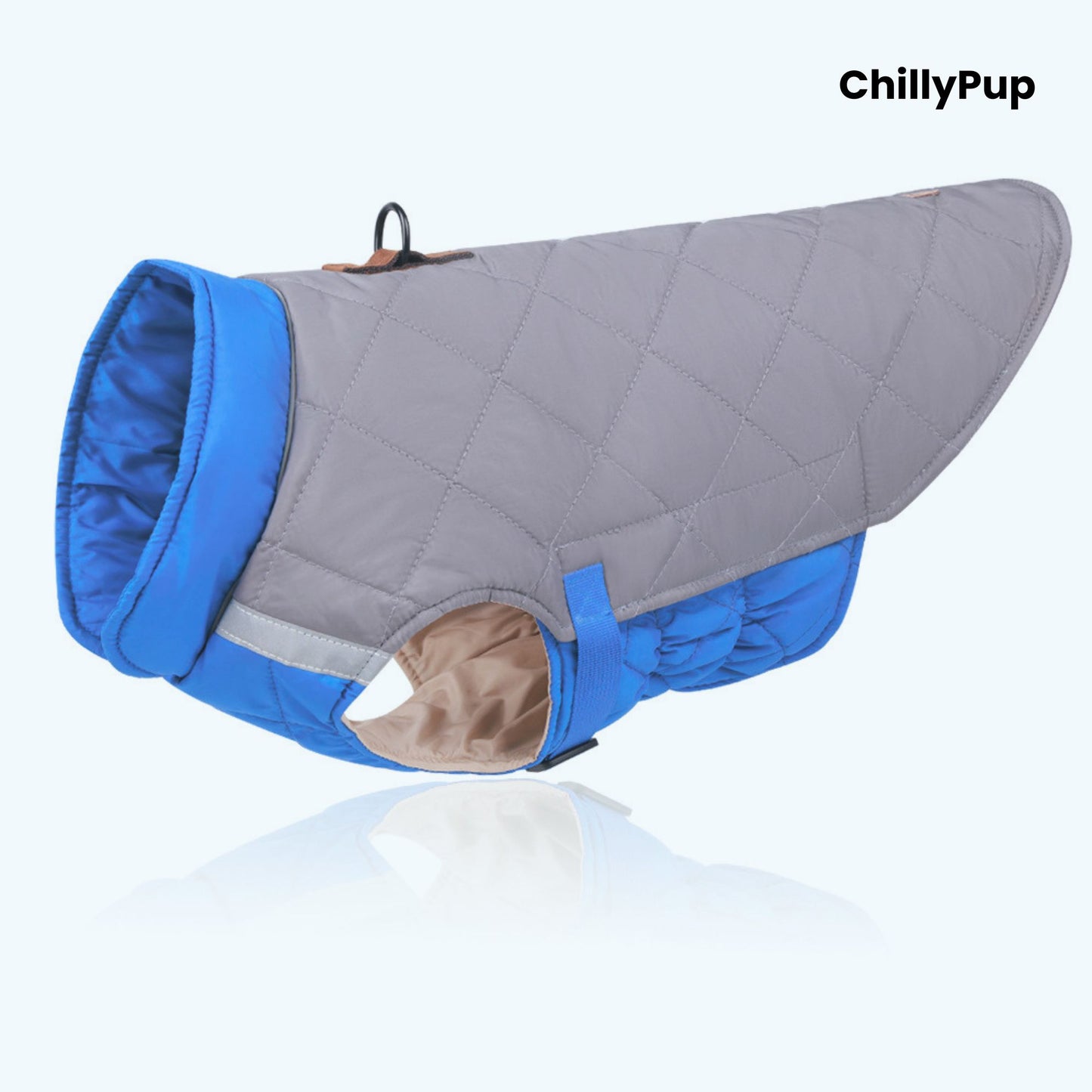 Grey and blue quilted dog coat with 'ChillyPup' branding on a white background