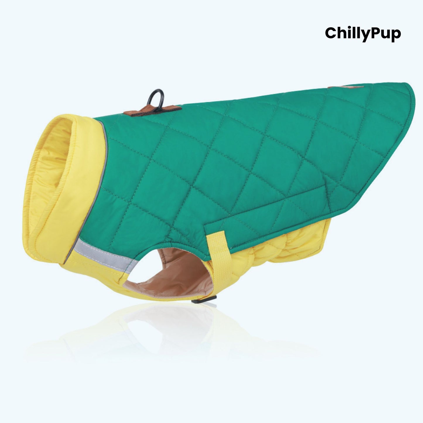 Green and yellow quilted dog coat with reflective strip on a white background, branded 'ChillyPup'.
