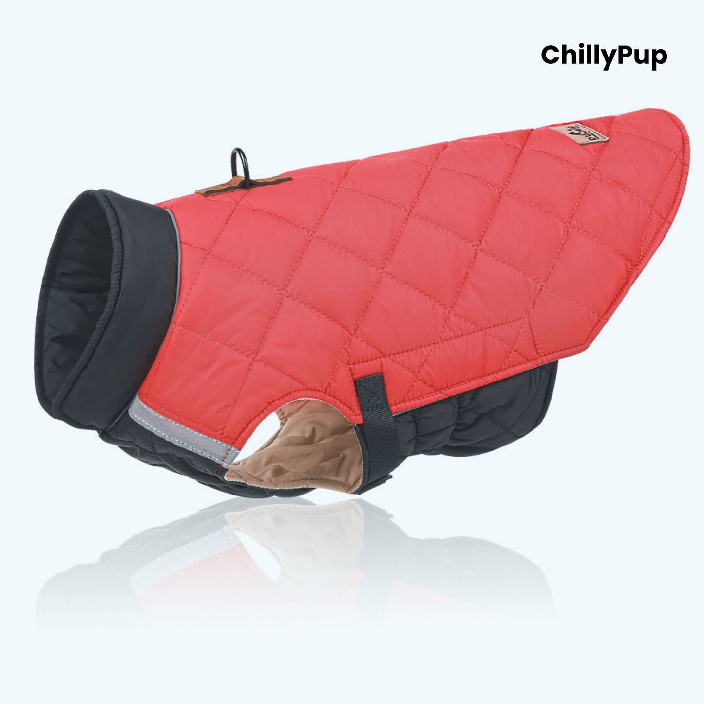 Red quilted dog coat with black trim on a white background, branded 'ChillyPup'.